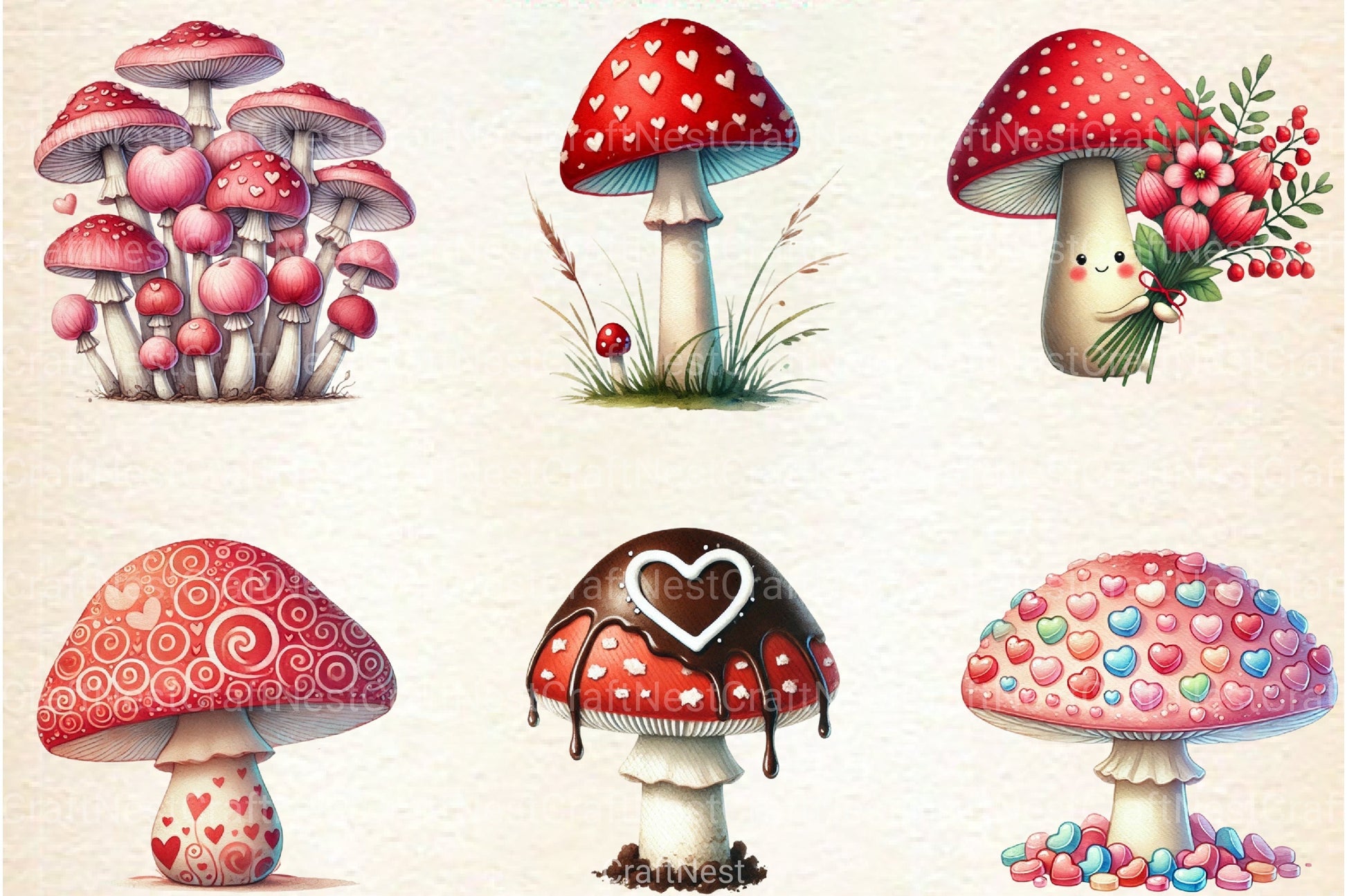 Valentine's Day Mushroom Clipart Bundle 8 - CraftNest - Digital Crafting and Art