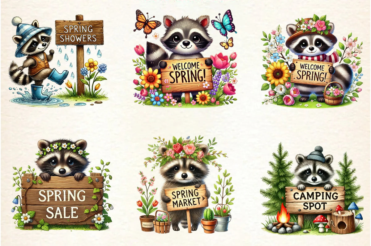 Spring Raccoon Pattern Spring Raccoon Wooden Signs Clipart Bundle