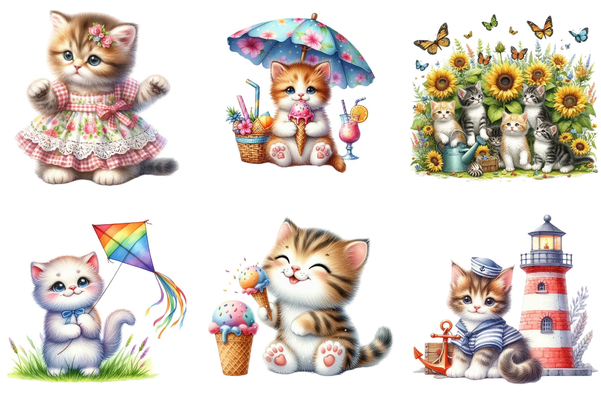 Cute Summer Kittens Clipart Bundle
