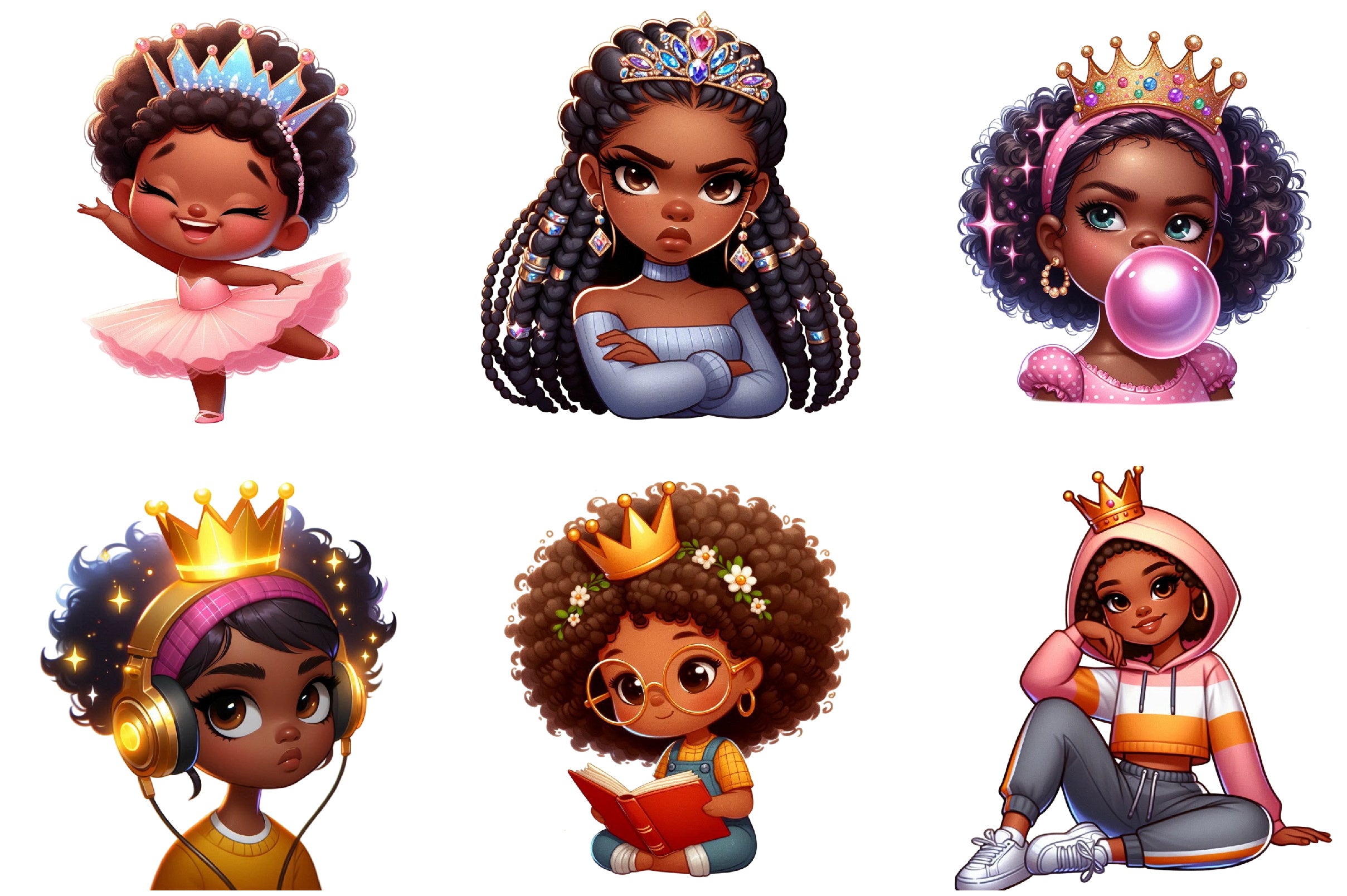 Quirky African American Girl Crown Clipart Bundle