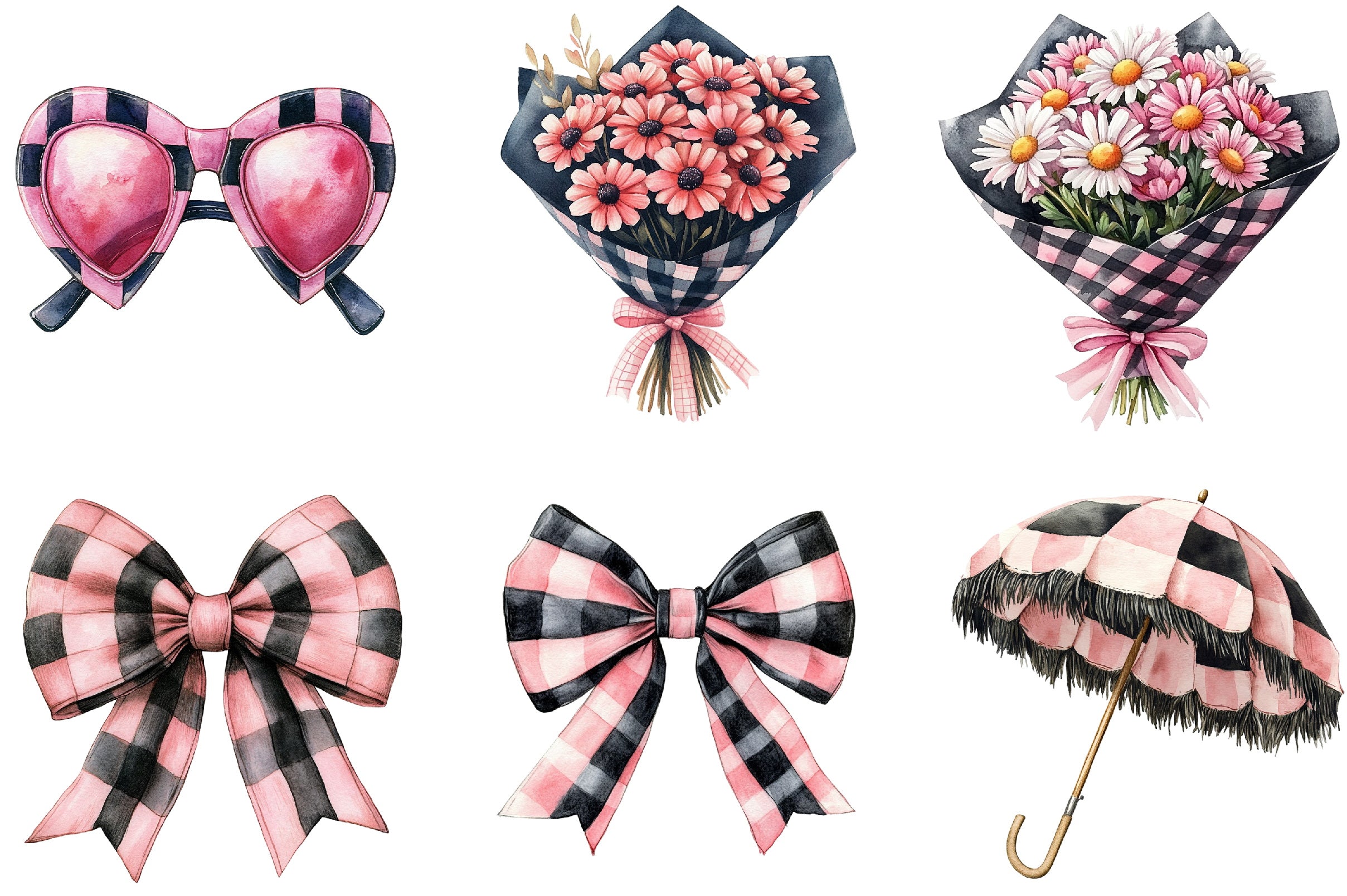 Black and Pink Gingham Summer Clipart Bundle