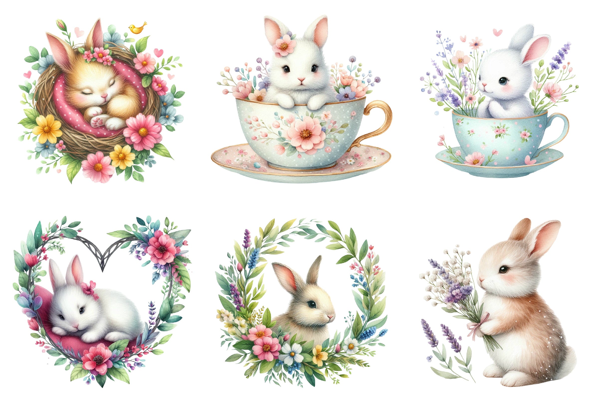 Floral Easter Bunny Clipart Bundle