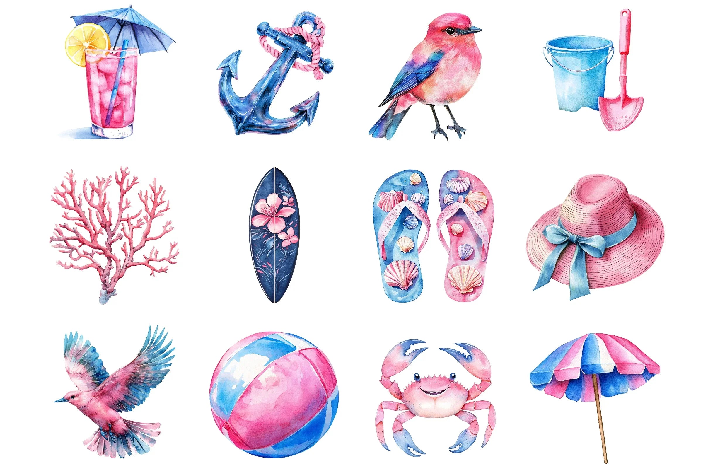 Summer Pink & Blue Coastal Clipart Bundle - CraftNest - Digital Crafting and Art