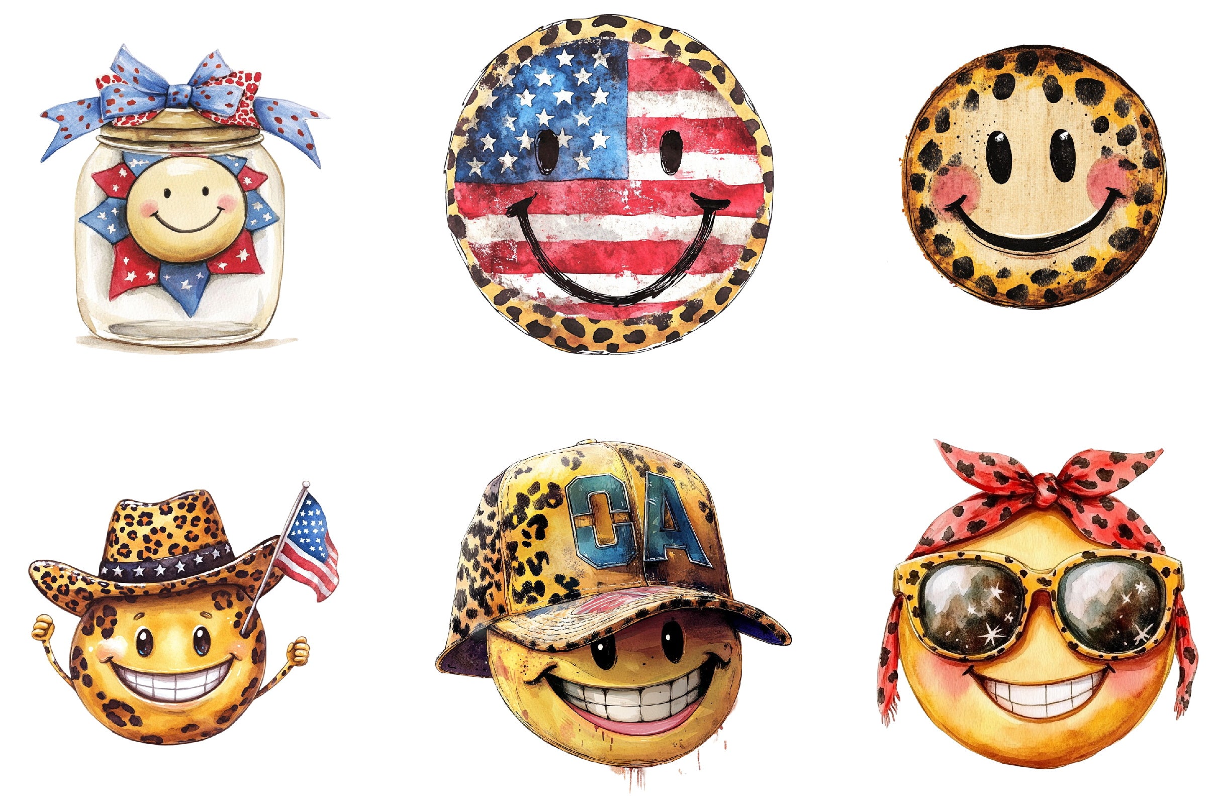 Happy Smiley Face Leopard 4th of July Clipart Bundle