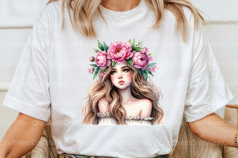 Girl with Peonies Flower Clipart Bundle 4 - CraftNest - Digital Crafting and Art