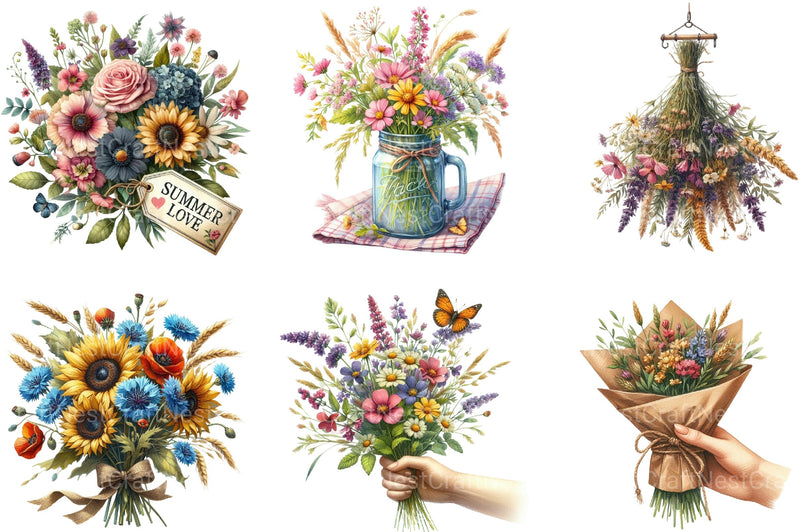 Summer Wildflowers Bouquet Clipart Bundle - CraftNest - Digital Crafting and Art