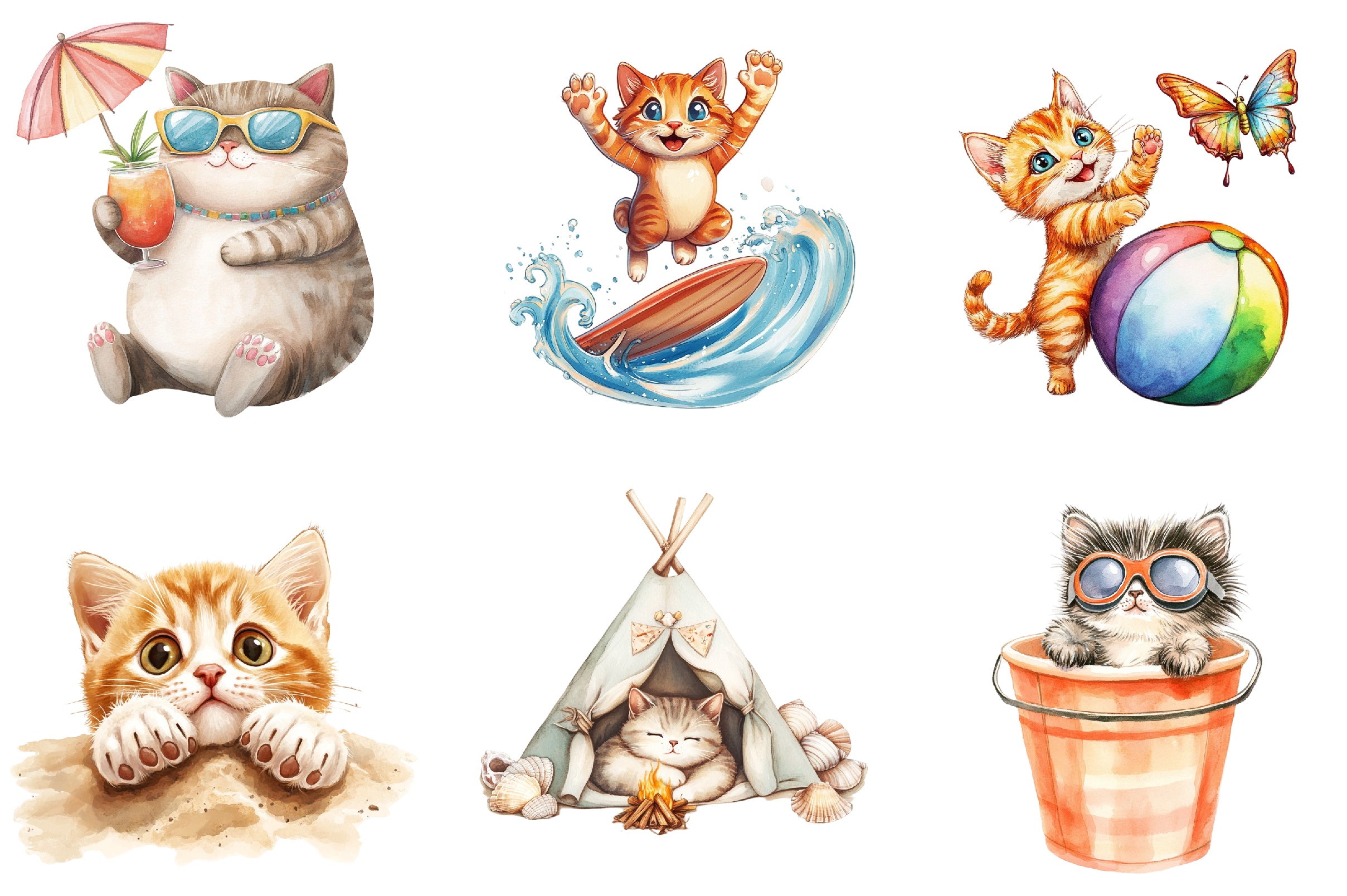 Funny Summer Cats Clipart Bundle