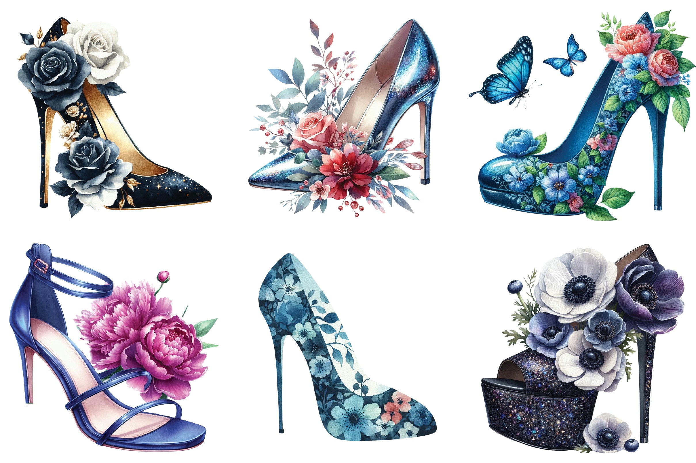 Blue High Heels with Floral Clipart Bundle