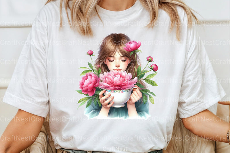 Girl with Peonies Flower Clipart Bundle 6 - CraftNest - Digital Crafting and Art