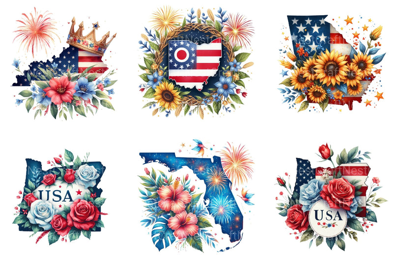 4th of July Floral USA State Map Clipart Bundle - CraftNest - Digital Crafting and Art