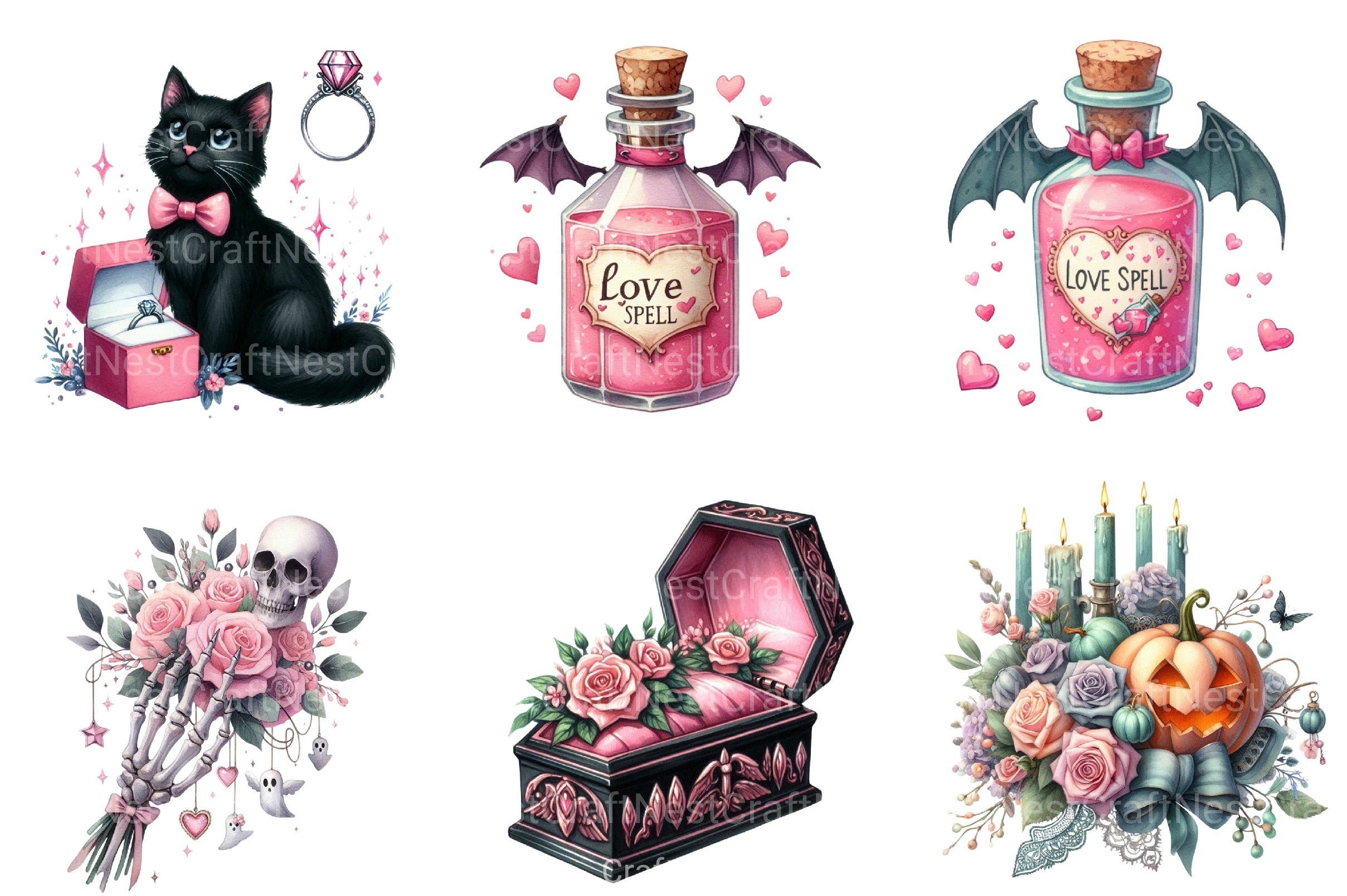 Pink Halloween Witch Wedding Clipart Bundle 17 - CraftNest - Digital Crafting and Art