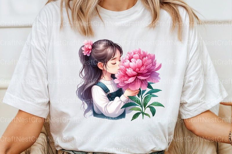 Girl with Peonies Flower Clipart Bundle 7 - CraftNest - Digital Crafting and Art