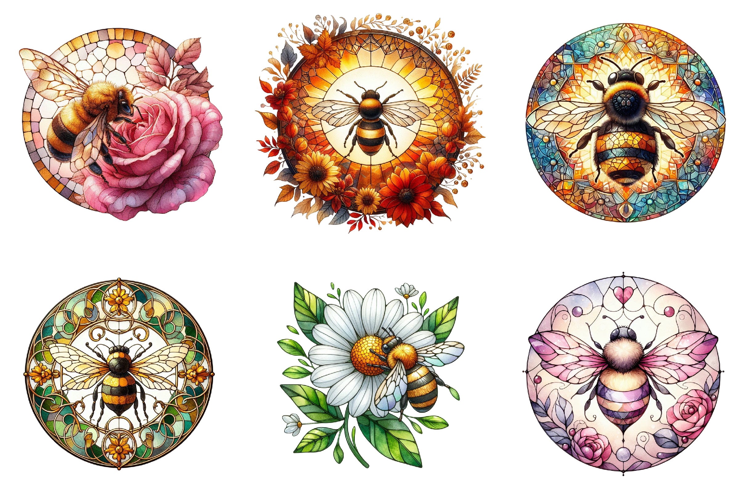 Bee and Flowers Stained Glass Art Clipart Bundle