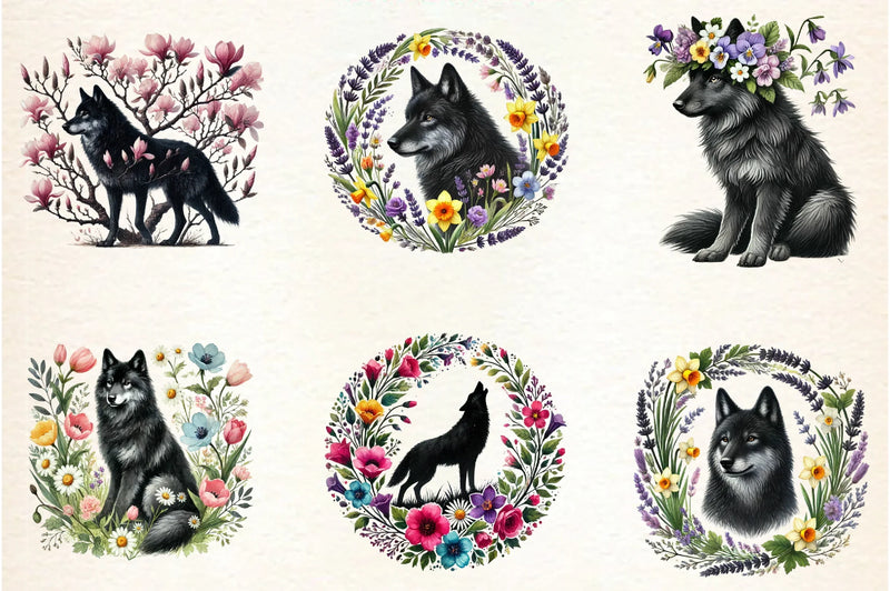 Spring Black Wolf Clipart Bundle - CraftNest - Digital Crafting and Art