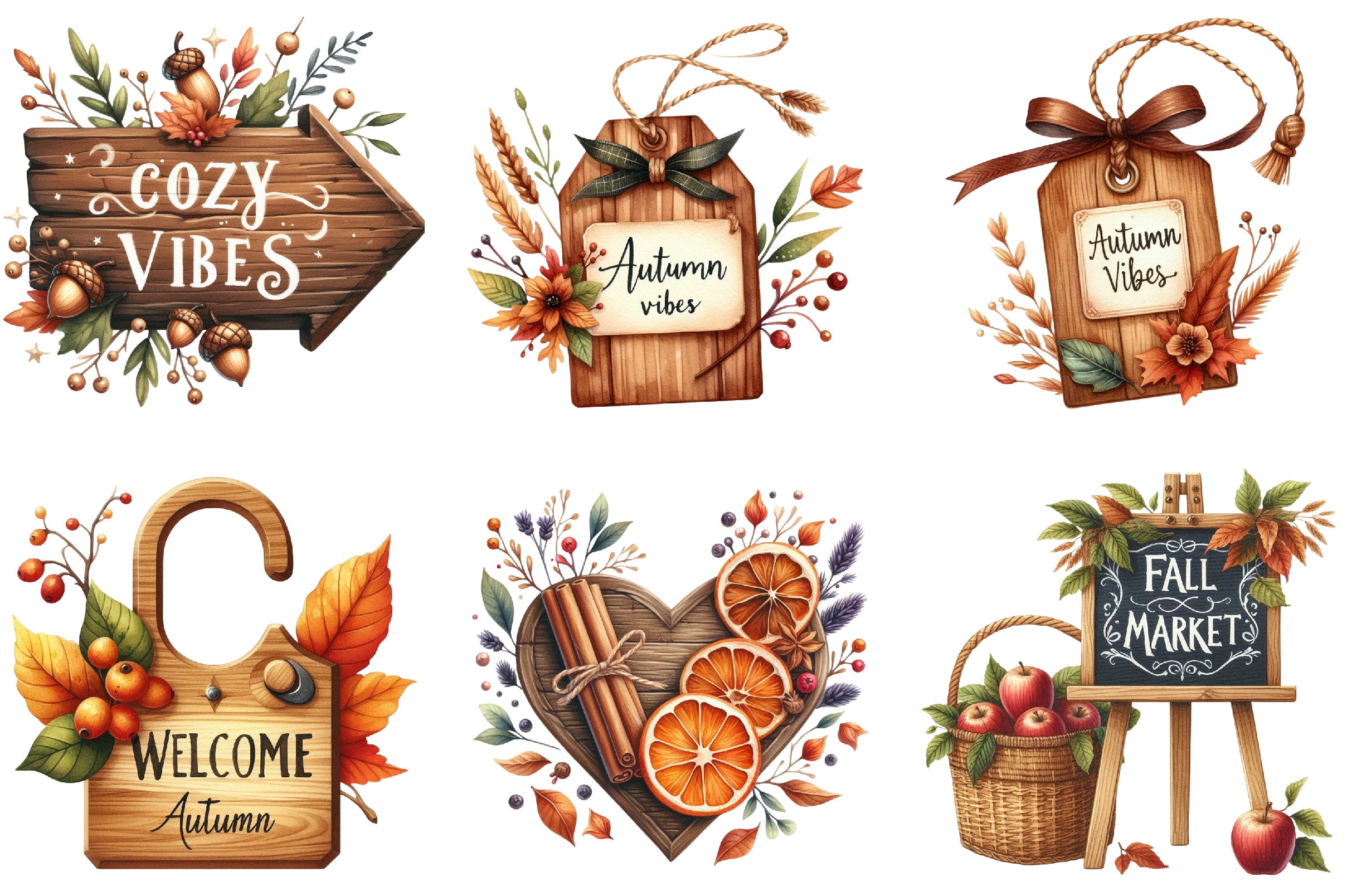 Autumn Wooden Signs Clipart Bundle