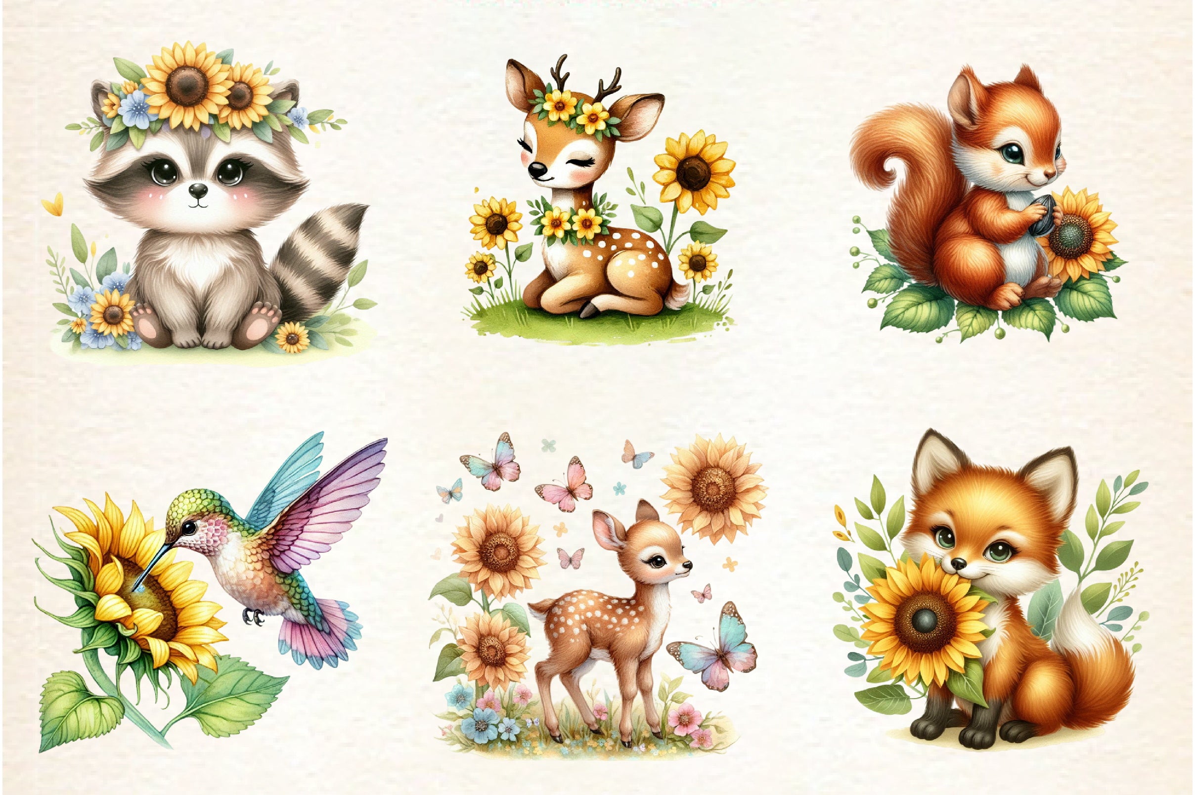 Spring Animal Sunflowers Clipart Bundle