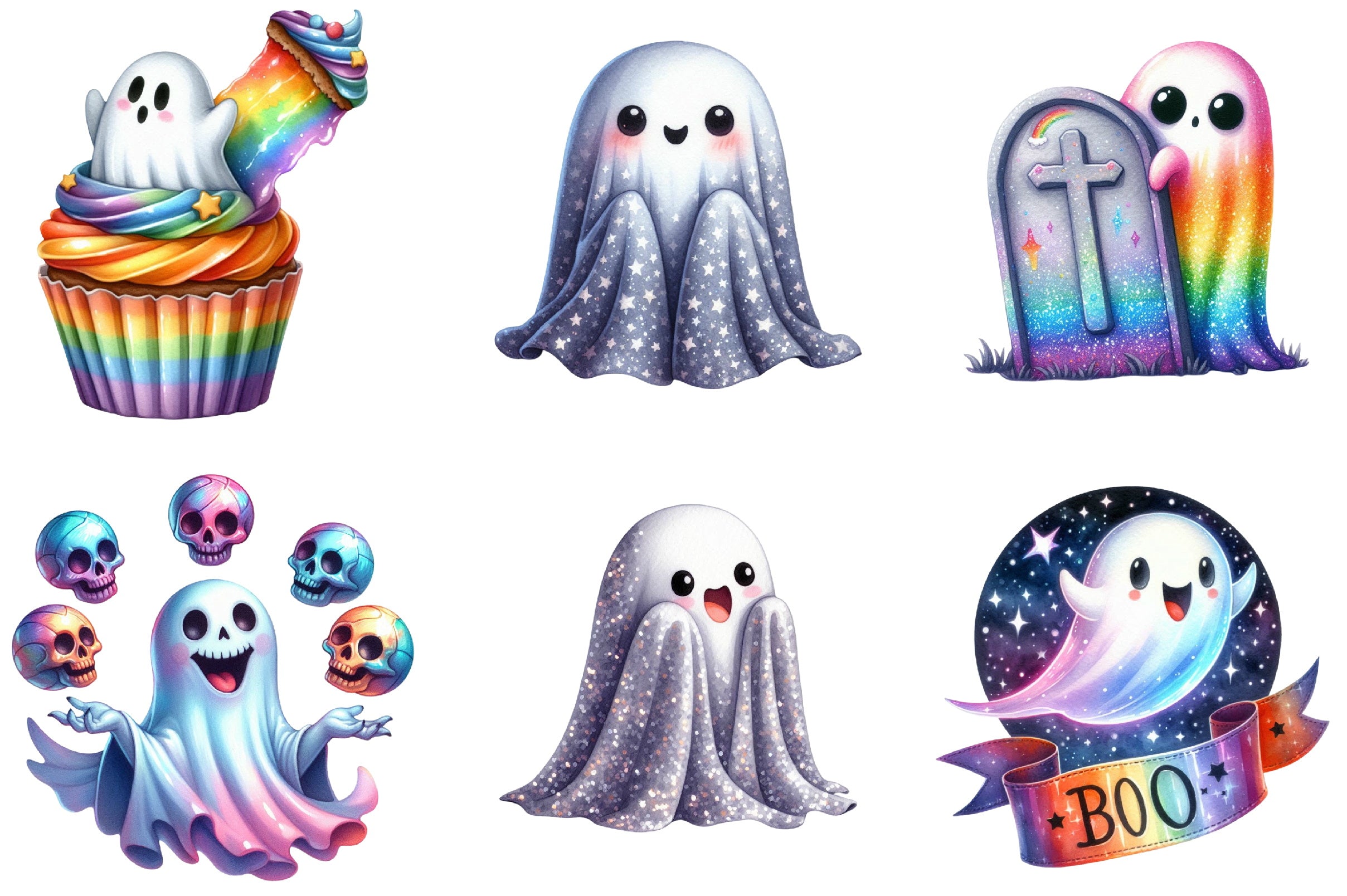 Funny Iridescent Halloween Ghost Clipart Bundle