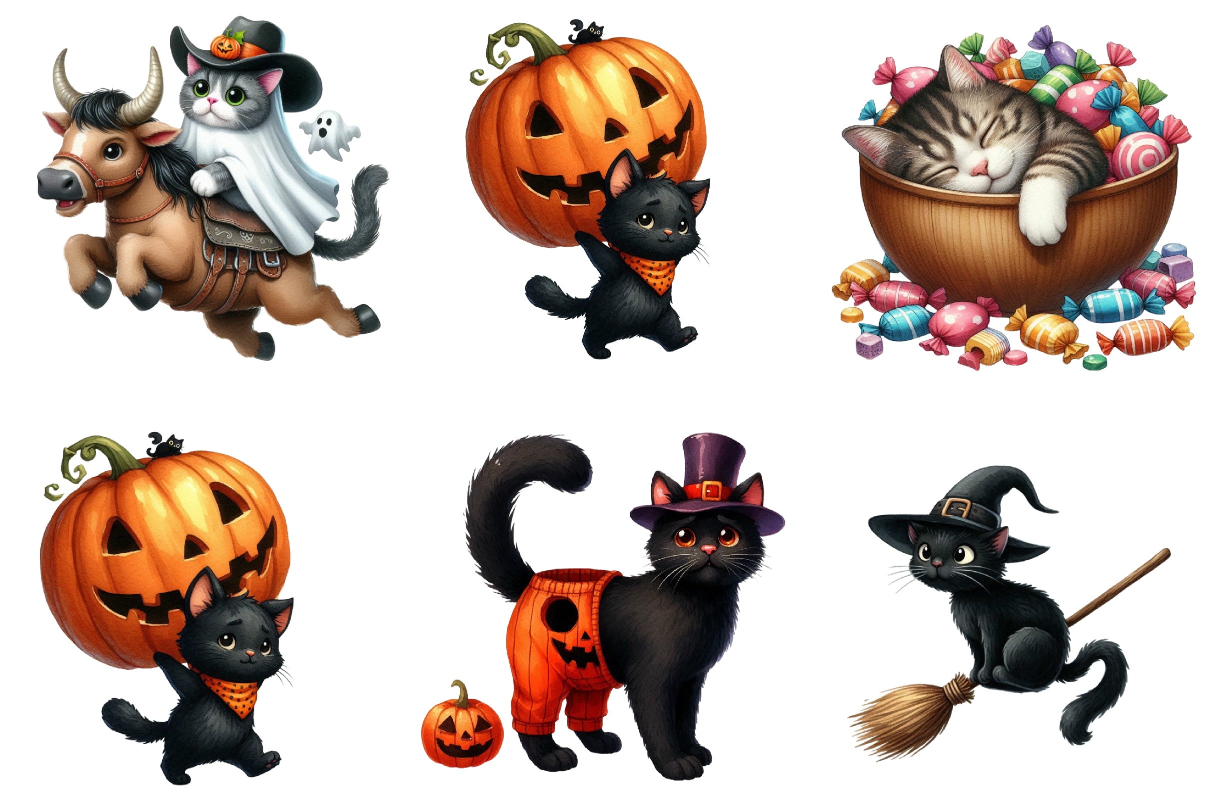 Funny Halloween Black Cat Clipart Bundle