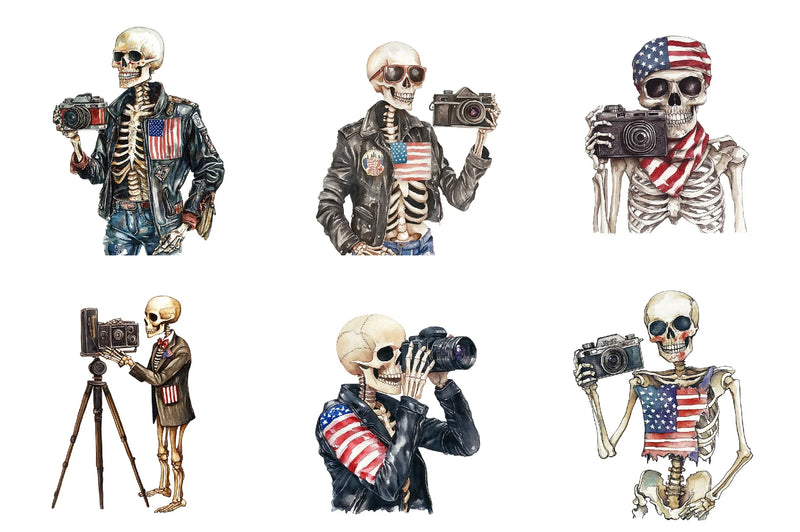 Vintage Skeleton Holding Camera Clipart Bundle - USA Flag Theme - CraftNest - Digital Crafting and Art