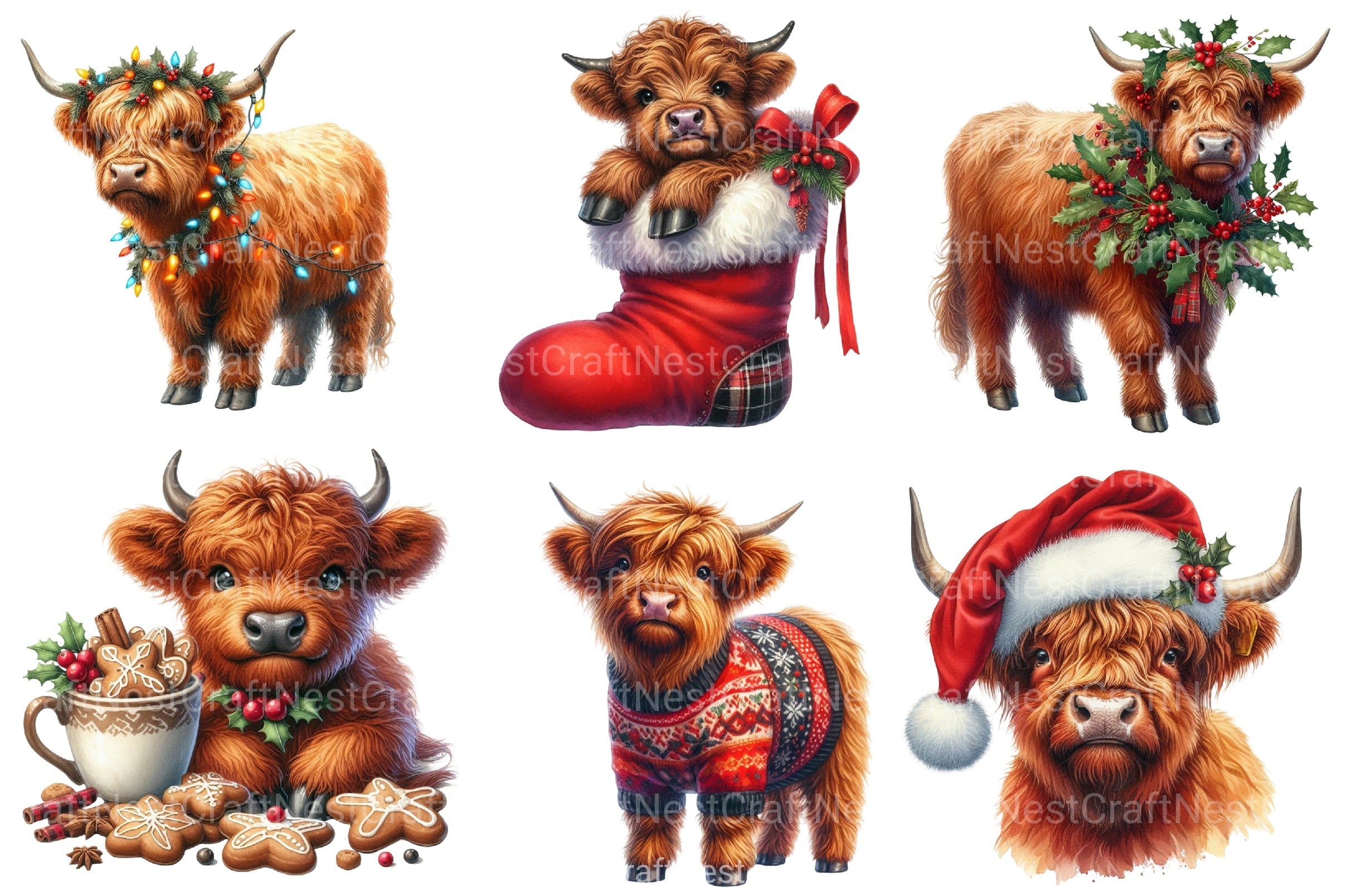 Christmas Highland Cows Clipart Bundle 34 - CraftNest - Digital Crafting and Art
