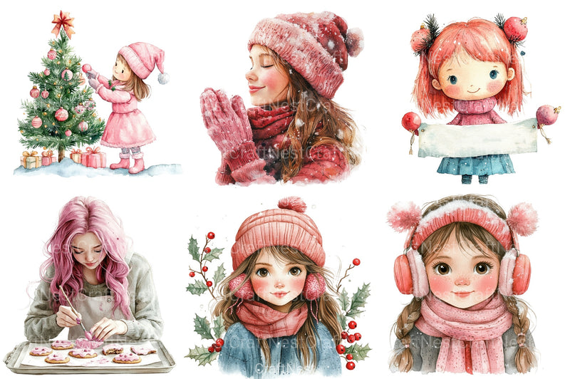 Cute Girl Pink Christmas Clipart Bundle - CraftNest - Digital Crafting and Art