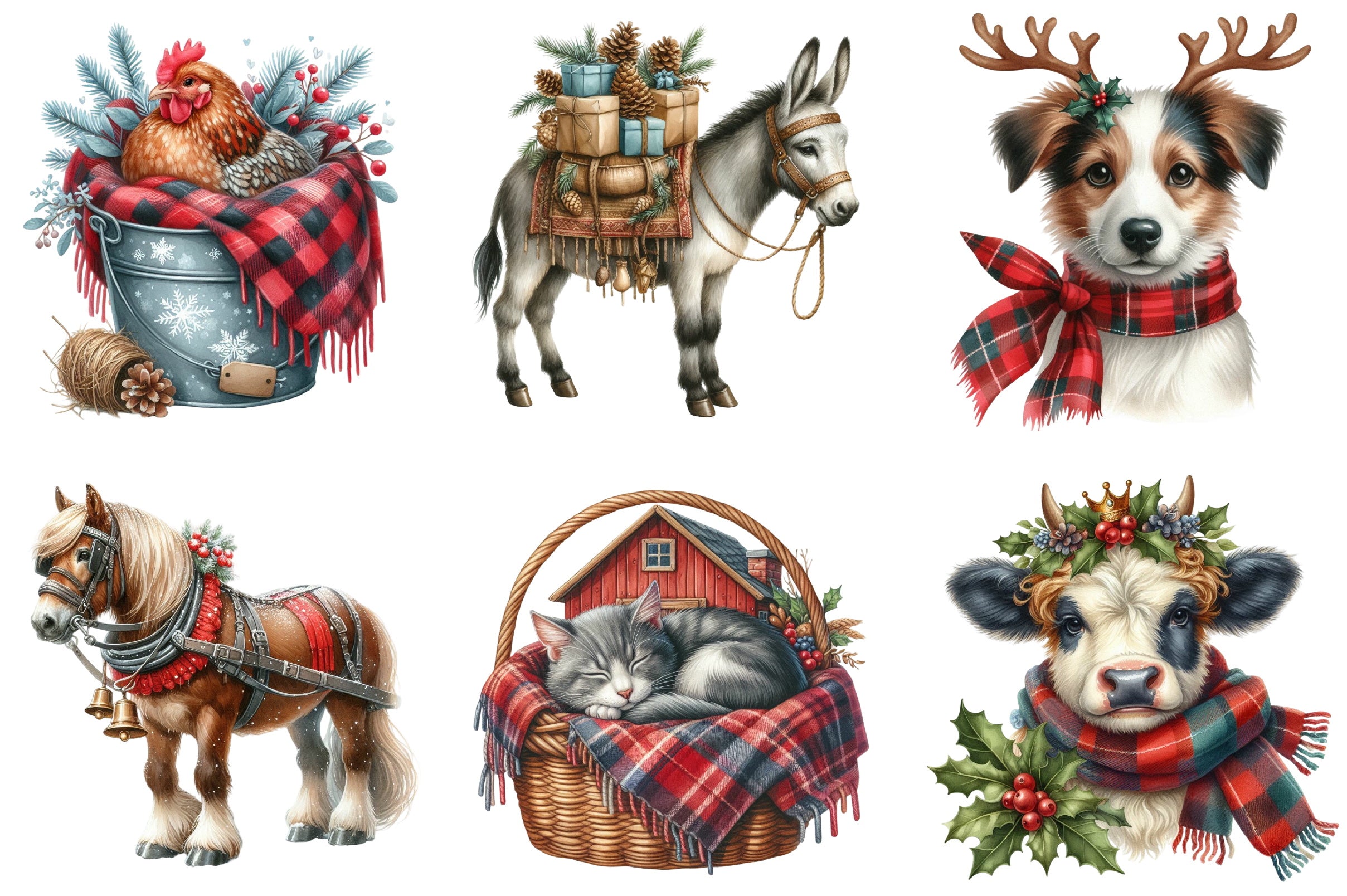 Vintage Christmas Farm Animal Clipart Bundle