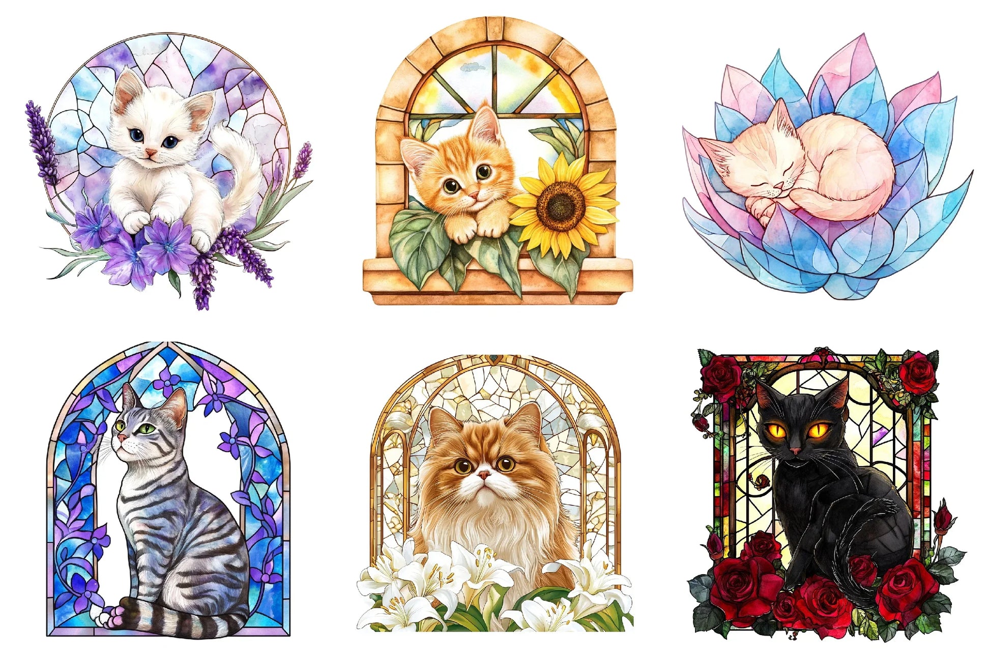 Cat Floral Stained Glass Clipart Bundle - CraftNest - Digital Crafting and Art
