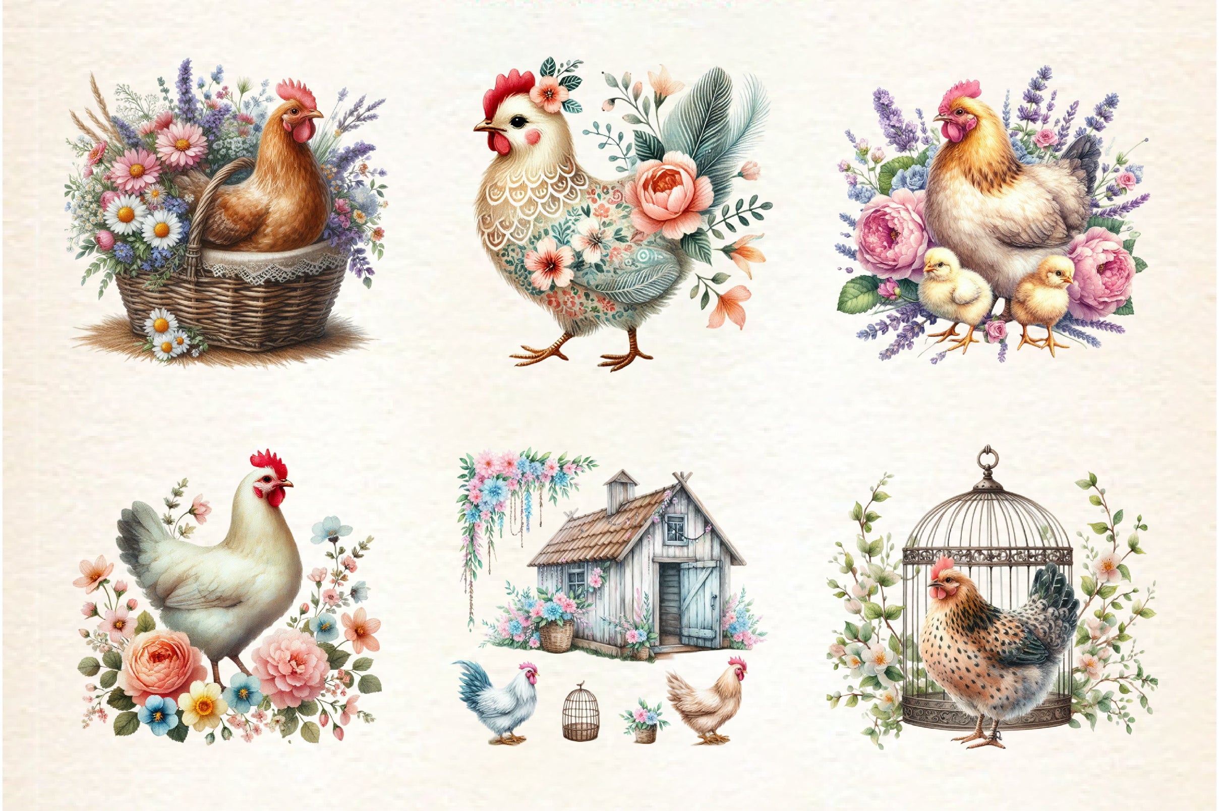 Vintage Spring Floral Chicken Clipart Bundle