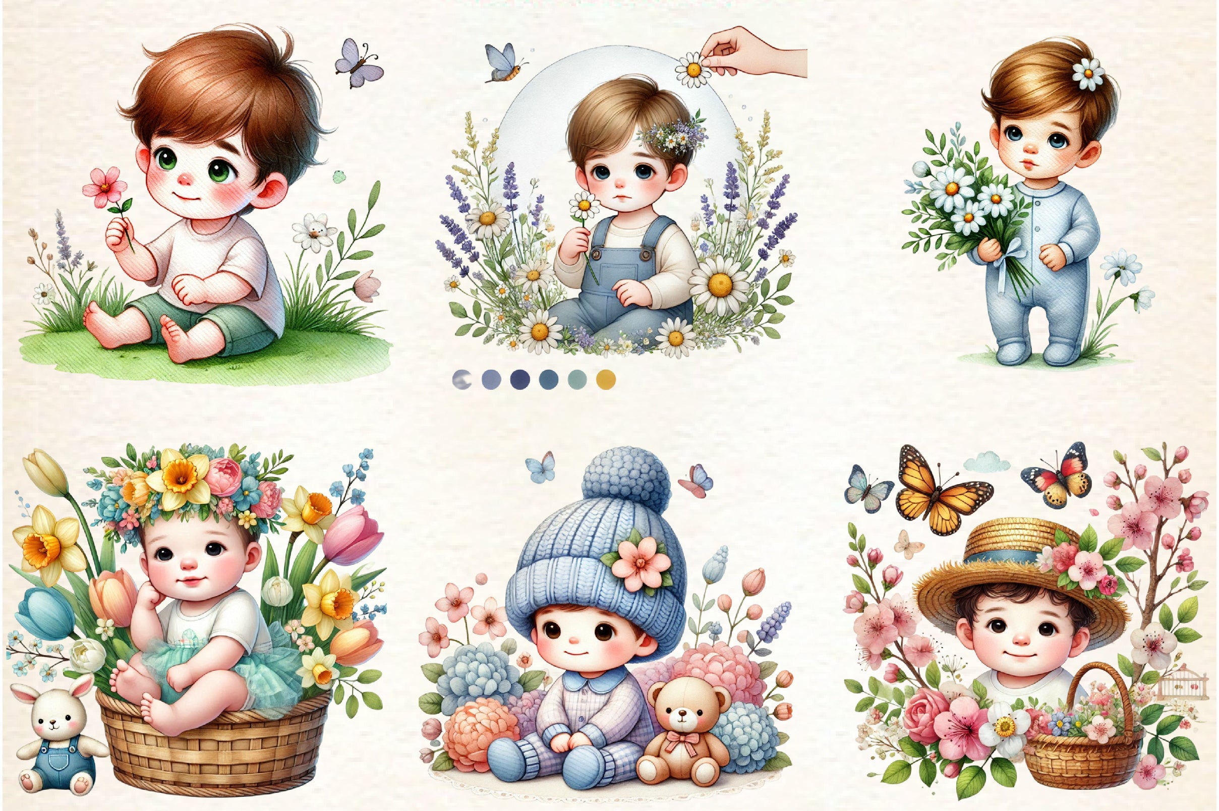 Cute Spring Baby Boy Flowers Clipart Bundle