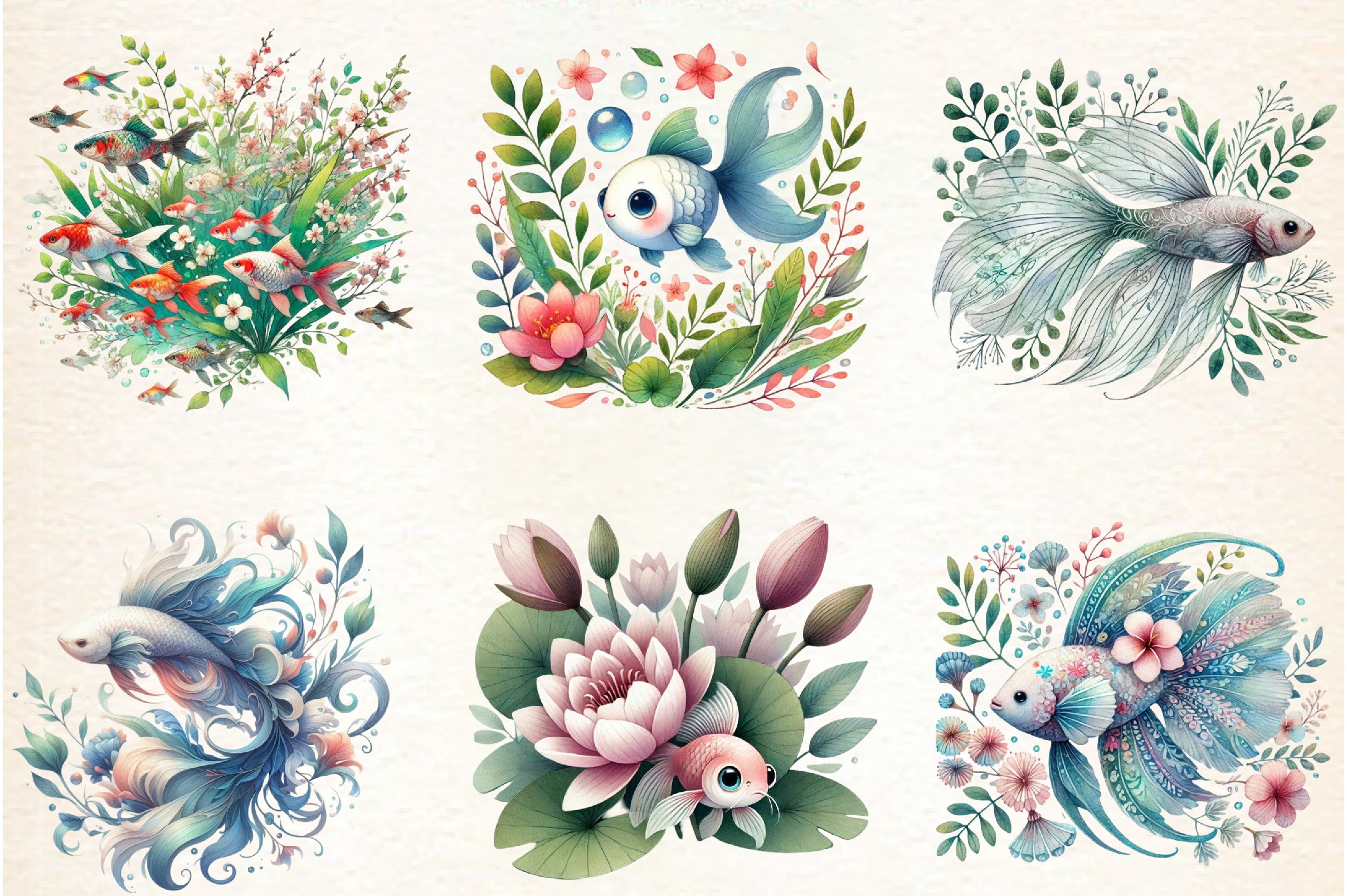 Botanical Spring Fishes Clipart Bundle