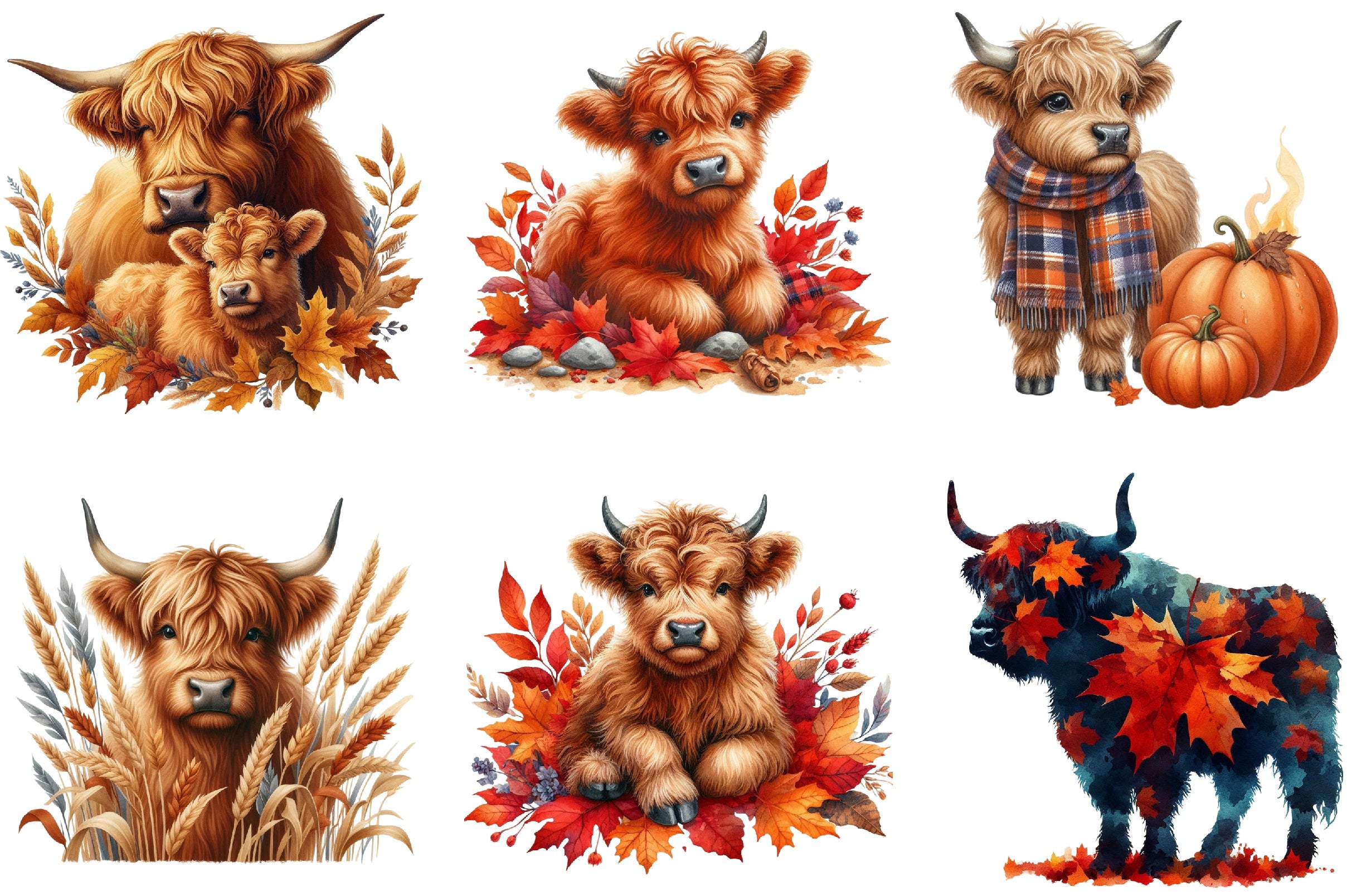 Autumn Highland Cows Clipart Bundle