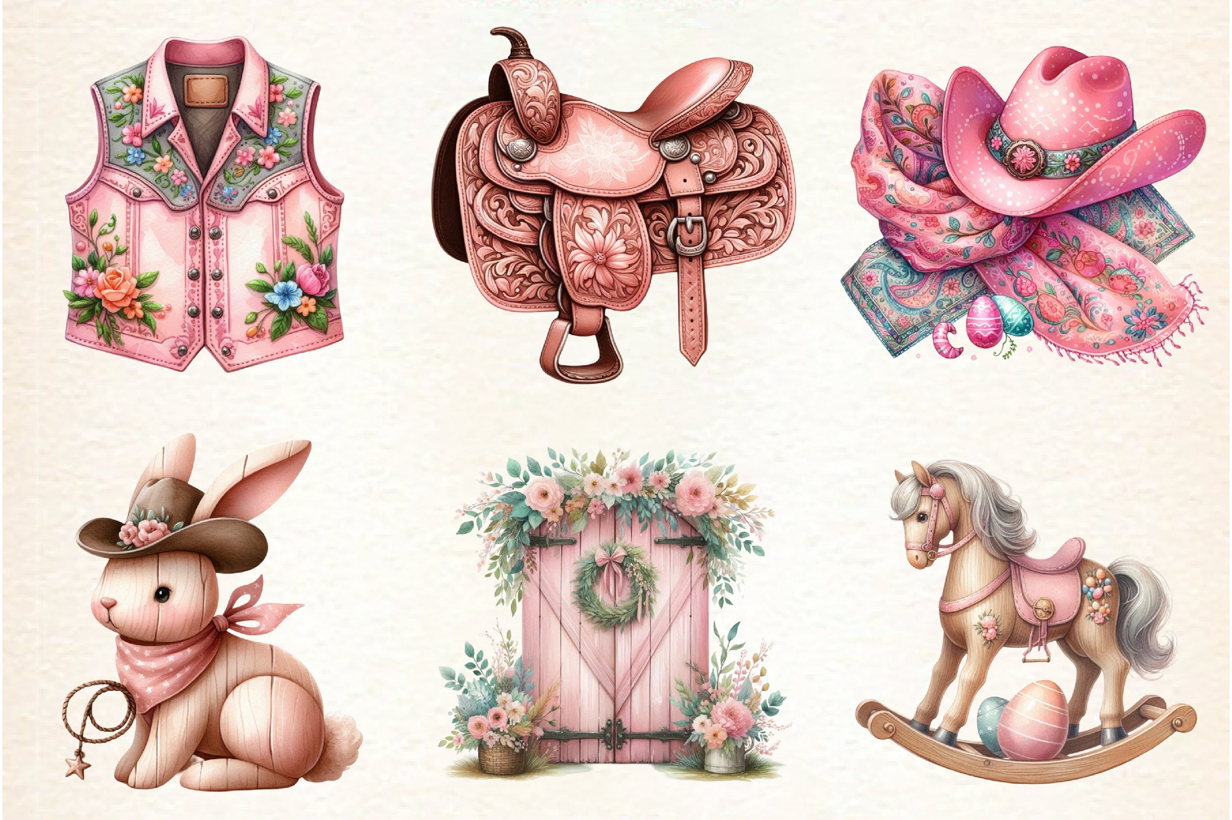 Vintage Pink Easter Western Clipart Bundle