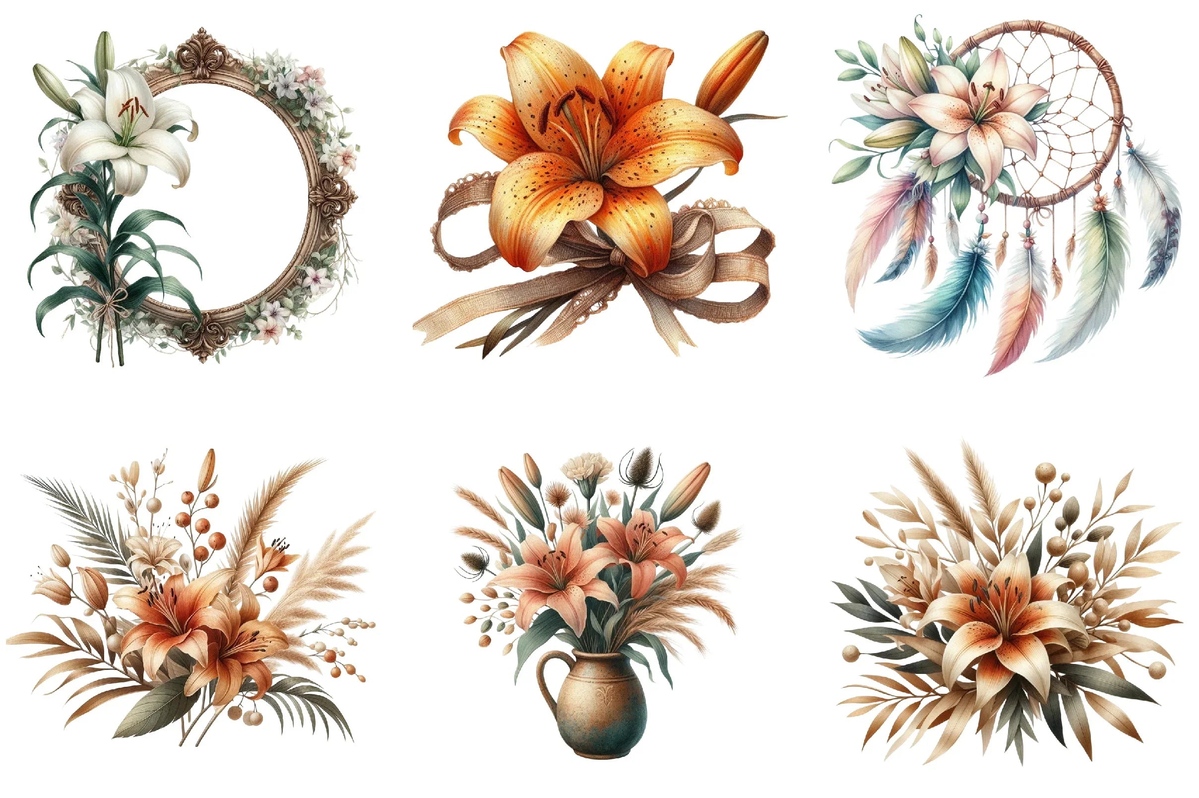 Lily Flower Boho Clipart Bundle - CraftNest - Digital Crafting and Art