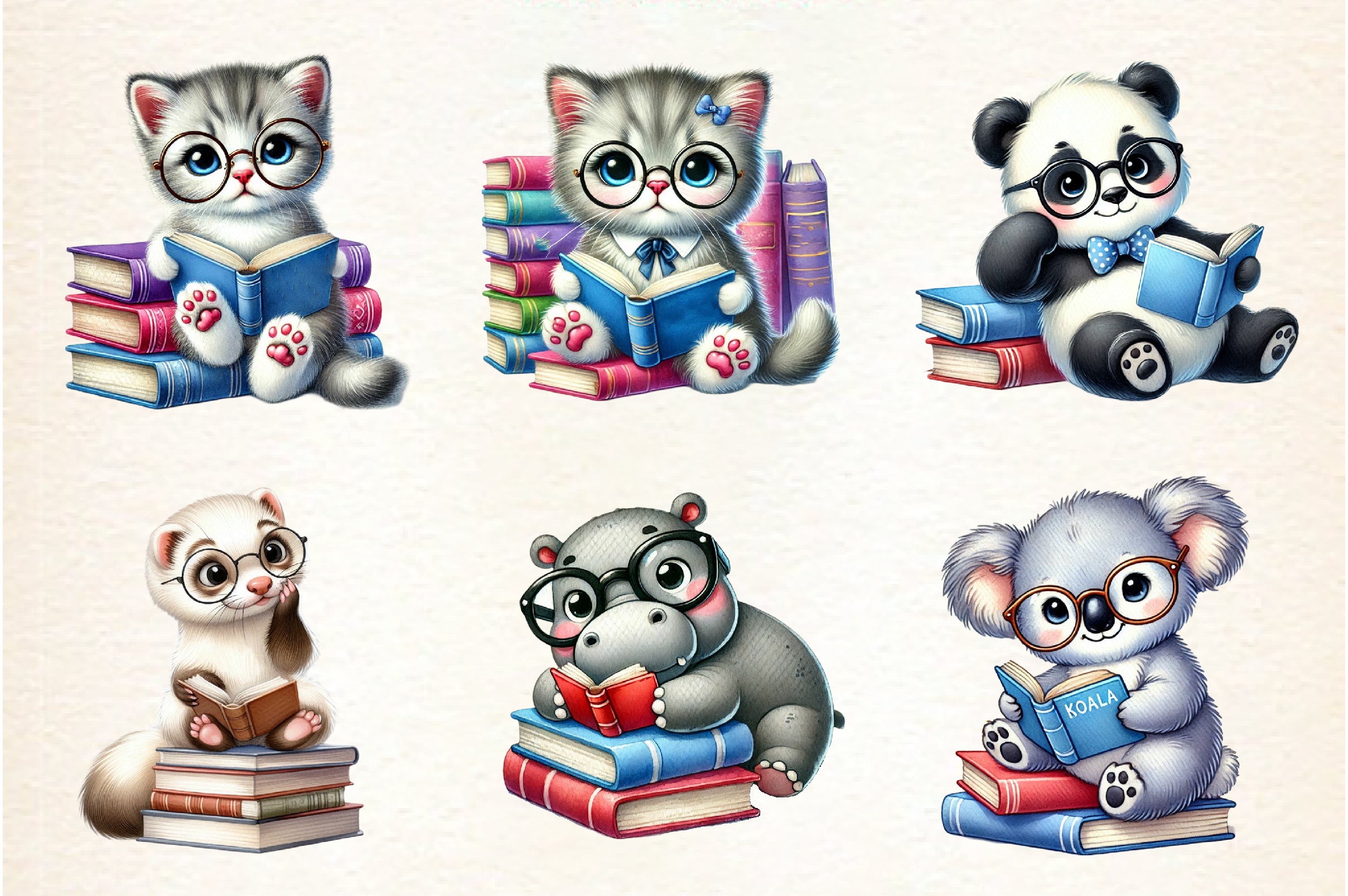 Cute Animals Reading Book Clipart Bundle