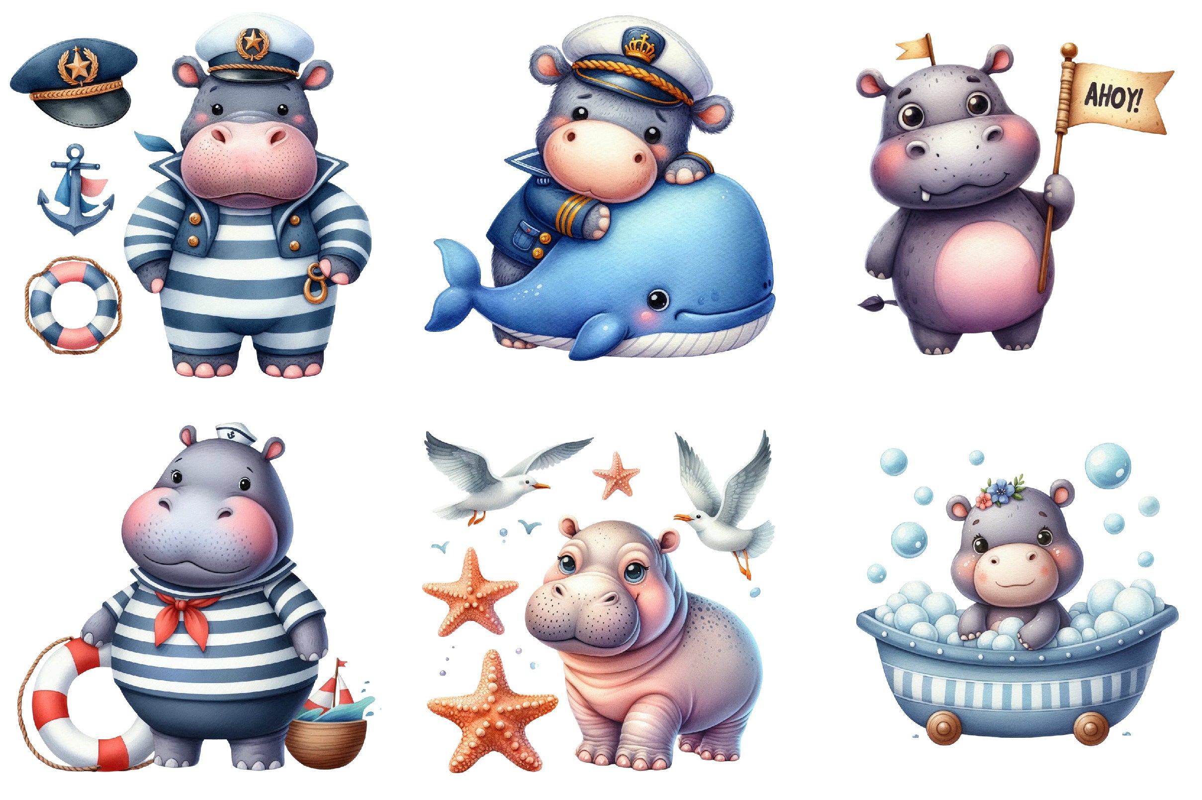 Hippo Sea Captain Baby Room Clipart Bundle