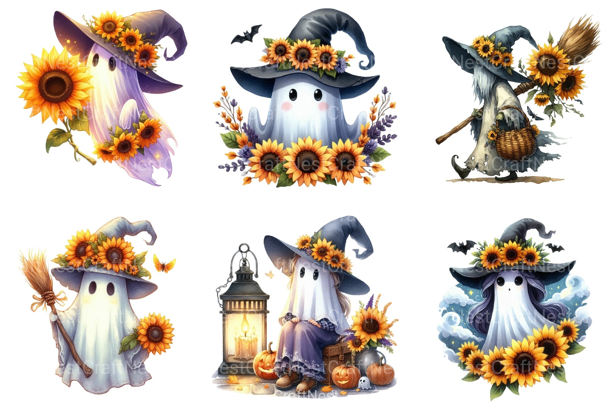 Witchy Sunflower Ghost Halloween Clipart Bundle - CraftNest - Digital Crafting and Art
