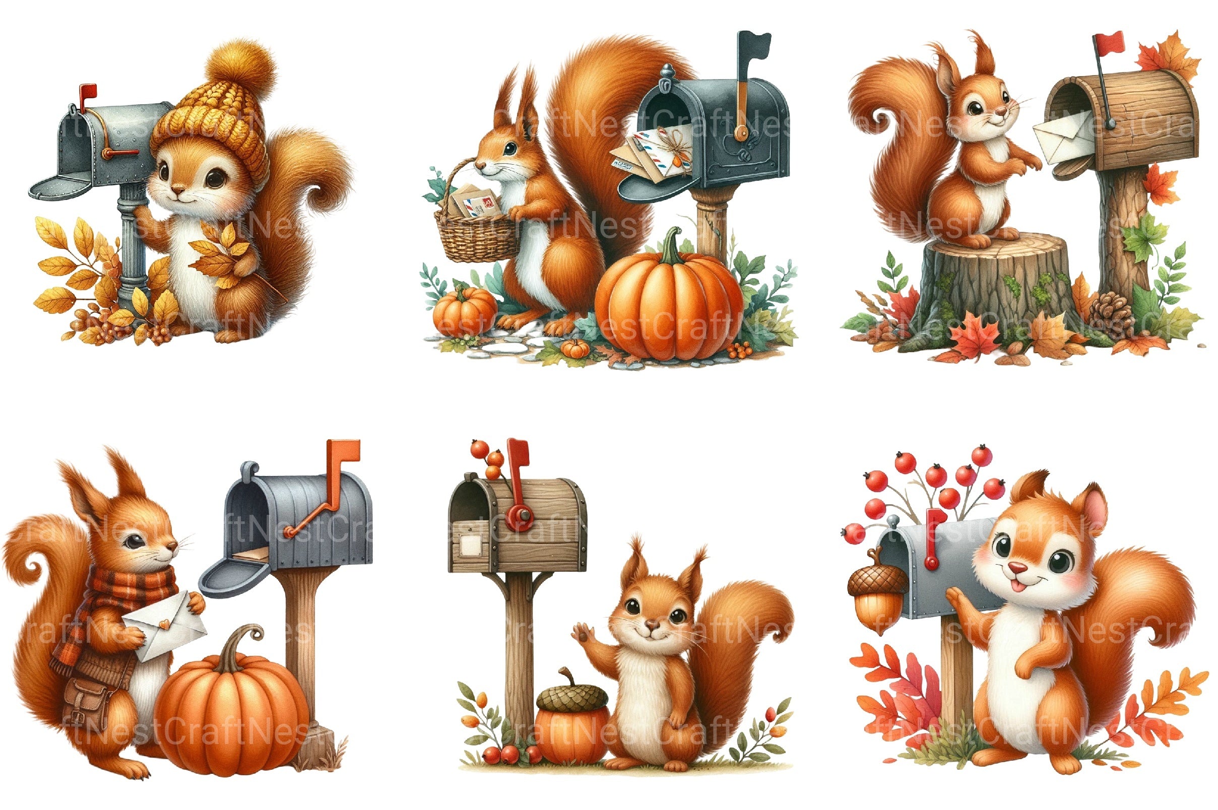 Autumn Squirrel with Mailbox Clipart Bundle 3 - CraftNest - Digital Crafting and Art