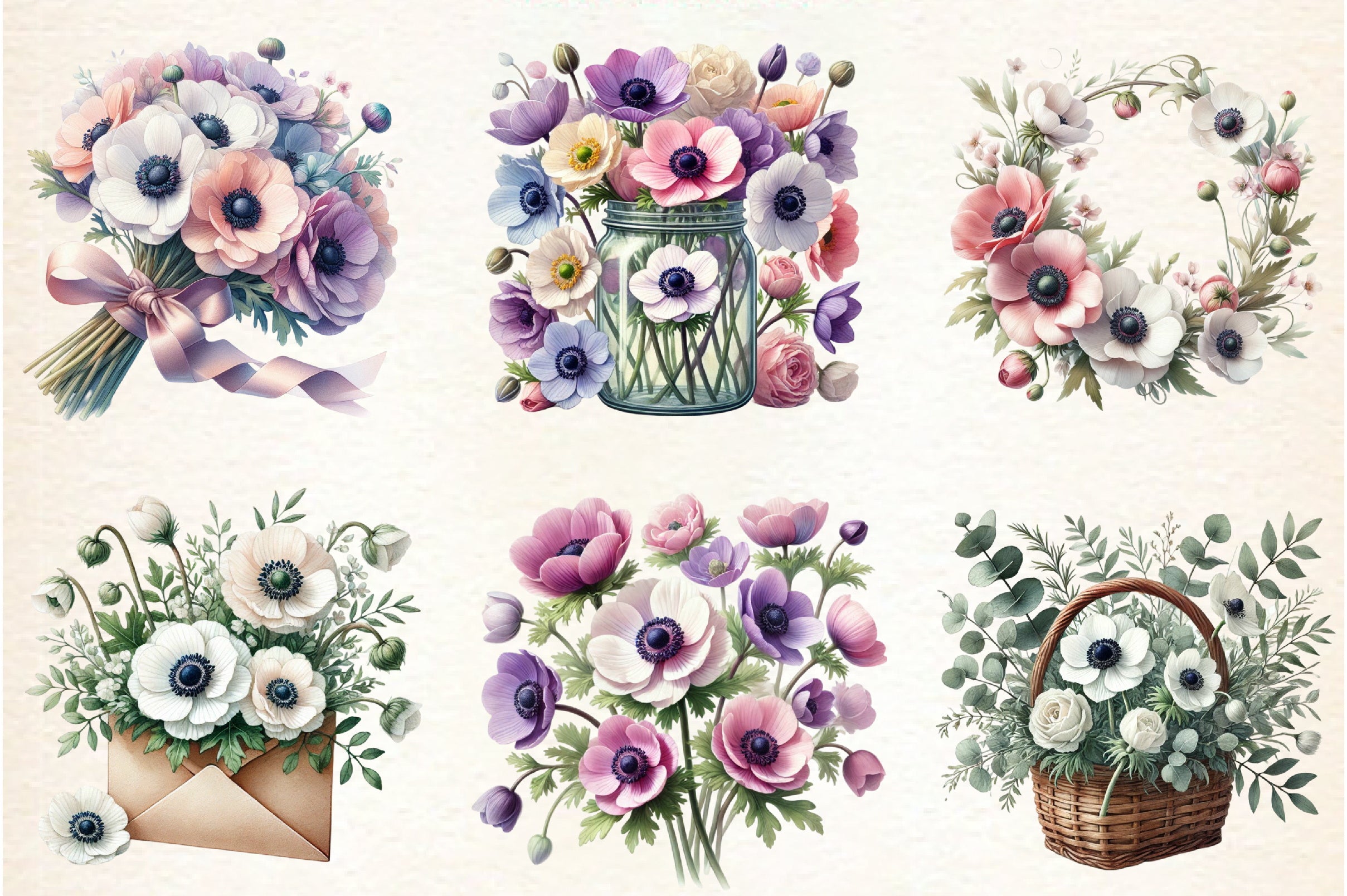 Spring Anemones Floral Clipart Bundle