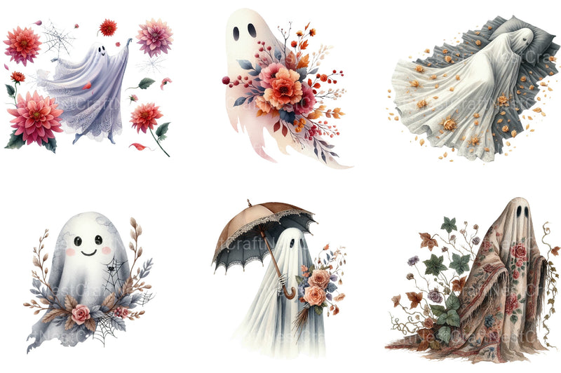 Vintage Halloween Ghost Floral Clipart Bundle - CraftNest - Digital Crafting and Art