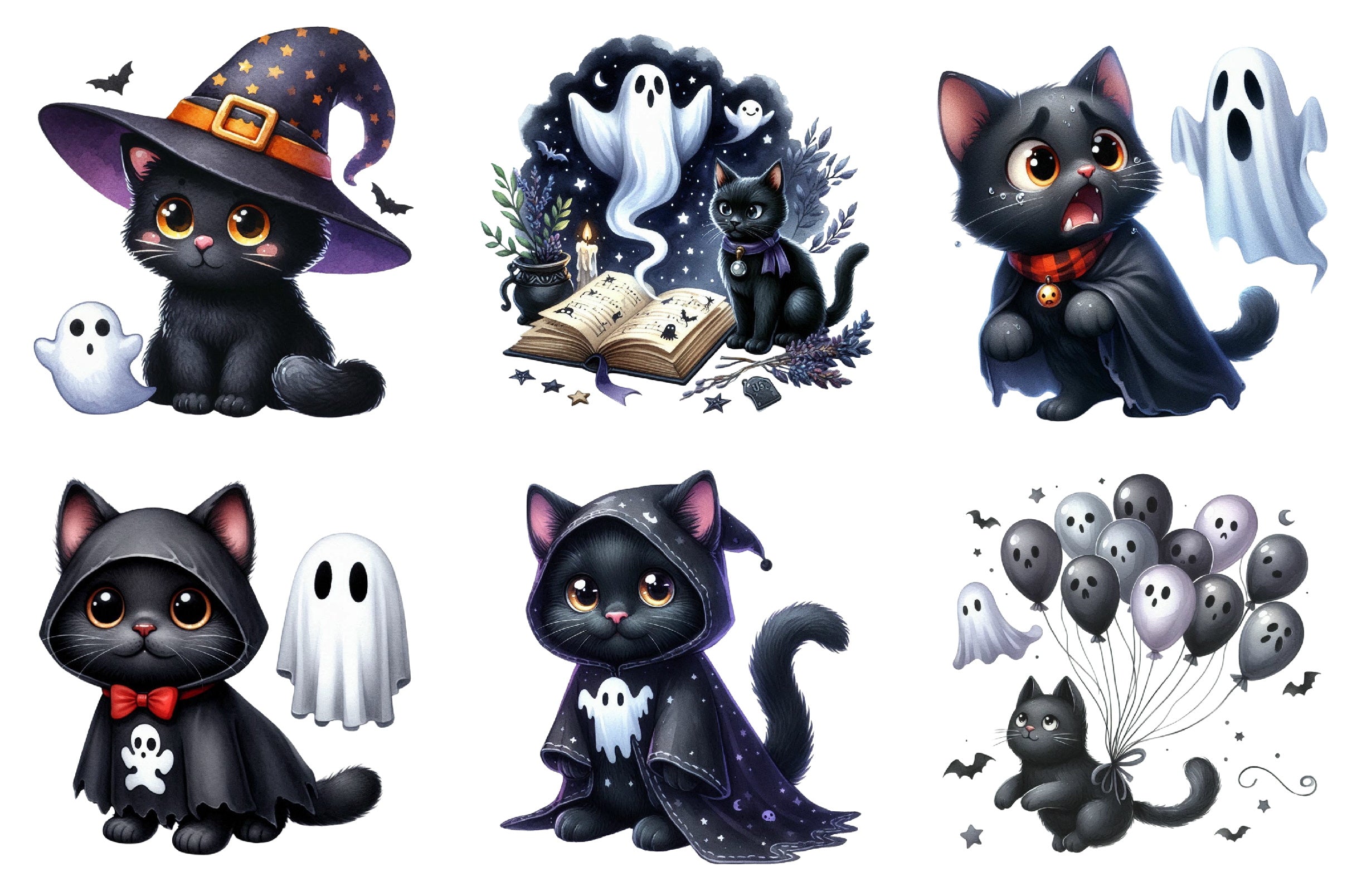 Funny Halloween Black Cat Ghost Clipart Bundle
