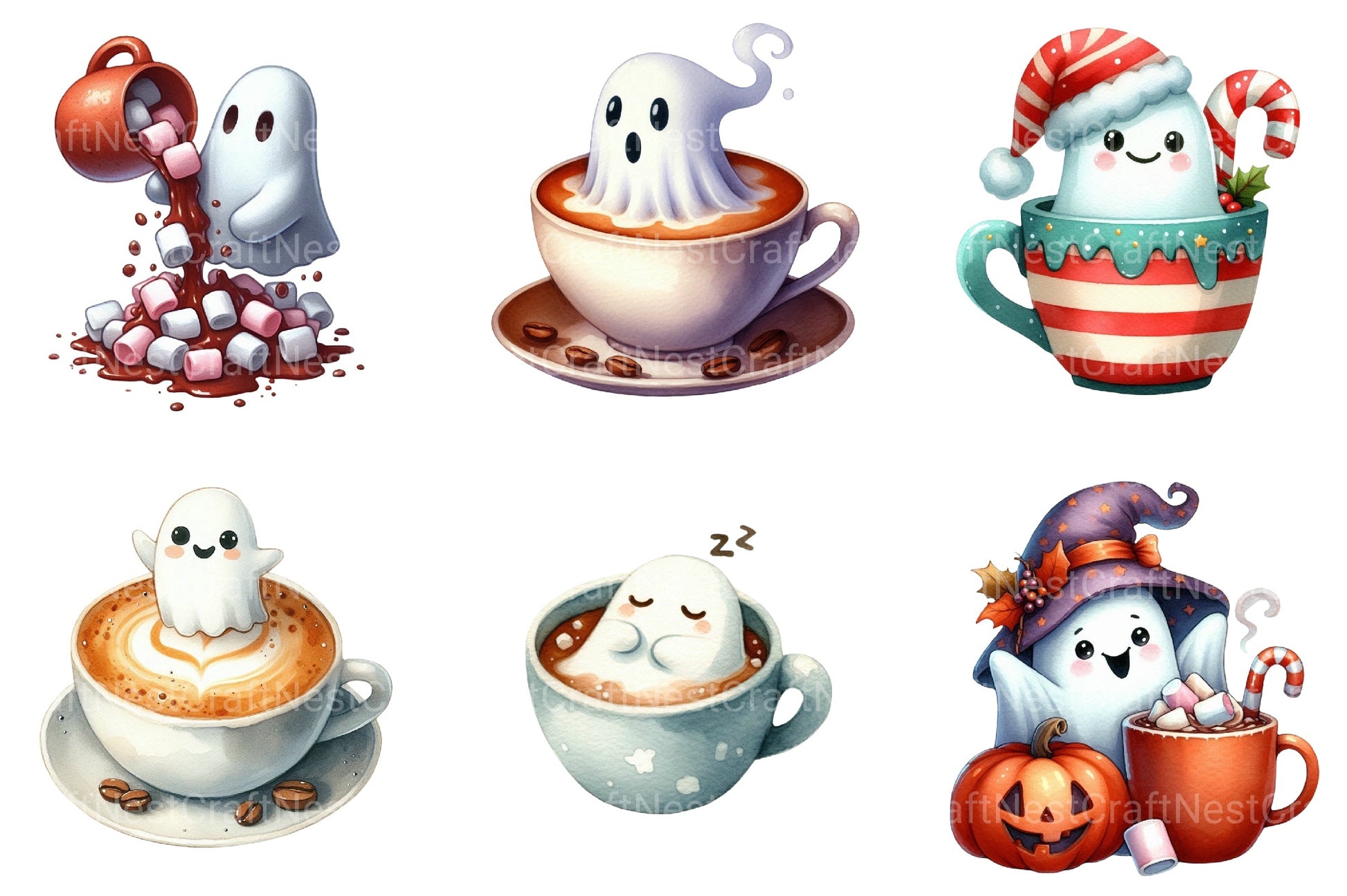 Cute Ghosts in Coffee Cup Halloween Clipart Bundle - CraftNest - Digital Crafting and Art
