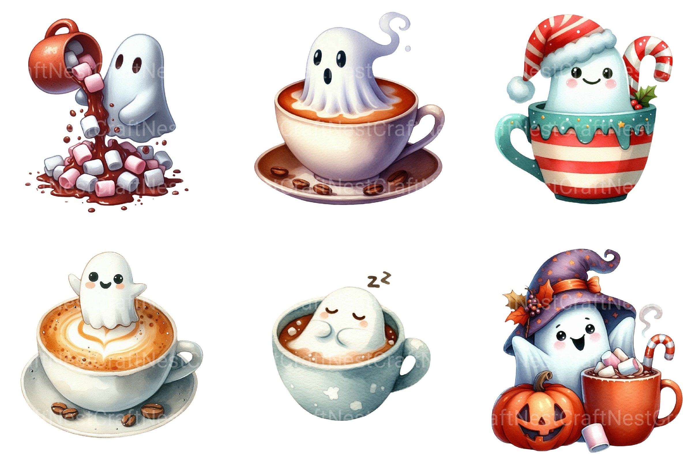 Cute Ghosts in Coffee Cup Halloween Clipart Bundle - CraftNest - Digital Crafting and Art