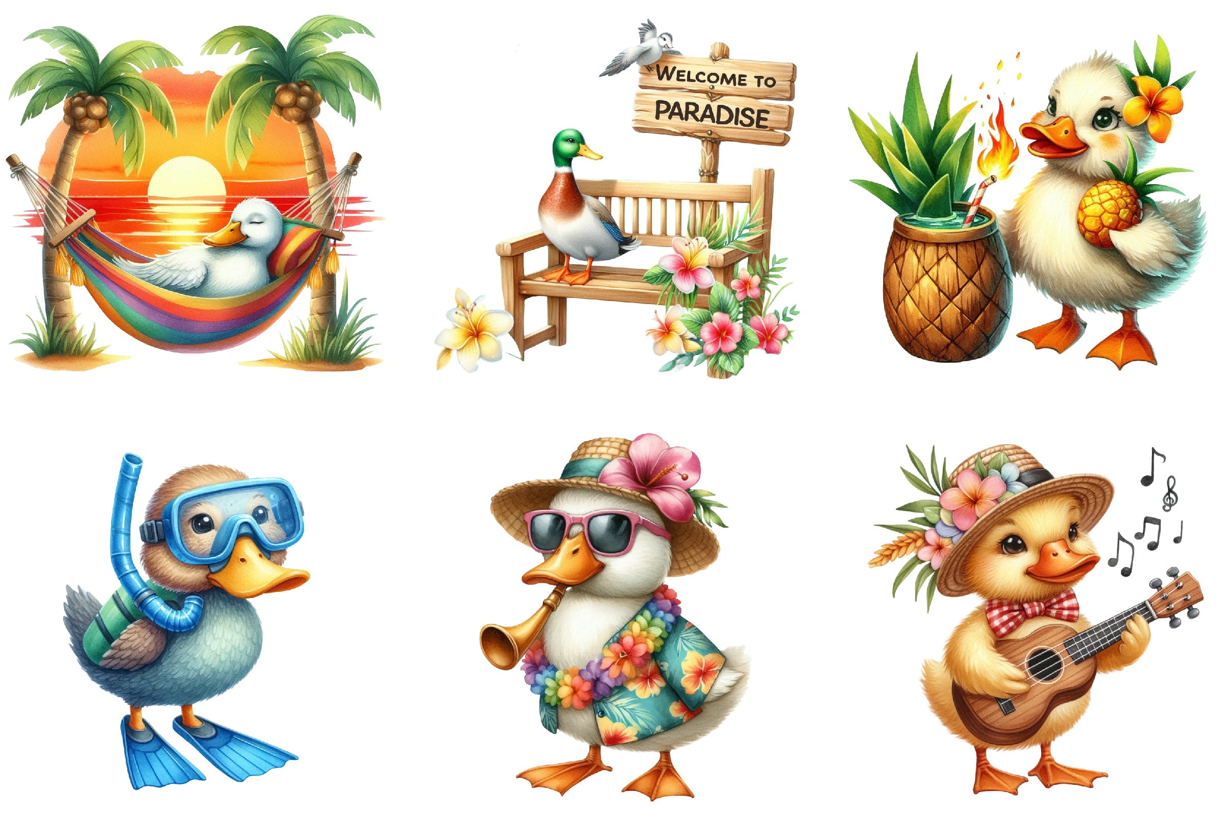 Hawaiian Tropical Duck Clipart Bundle