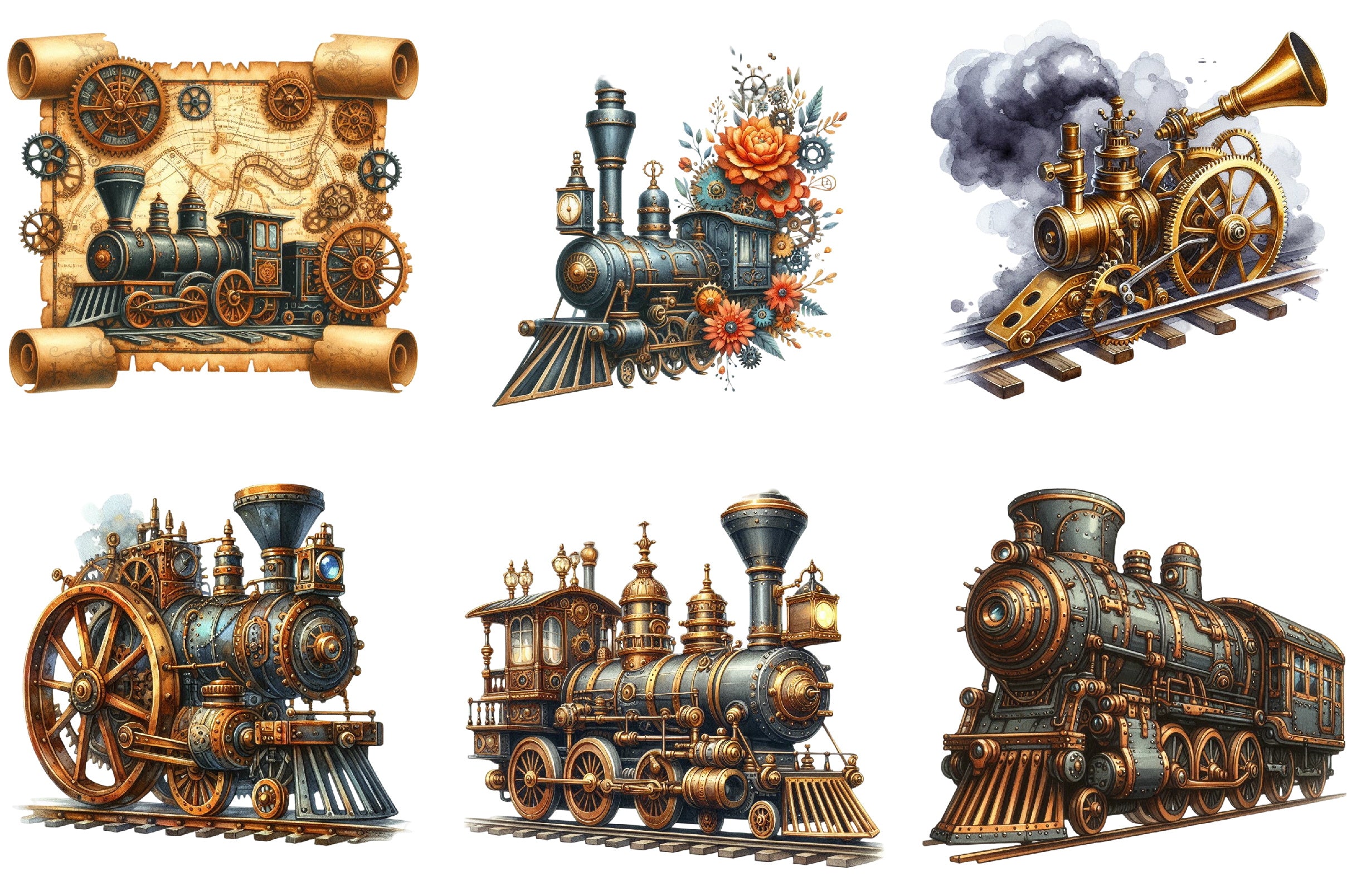 Steampunk Trains Vector Clipart Bundle