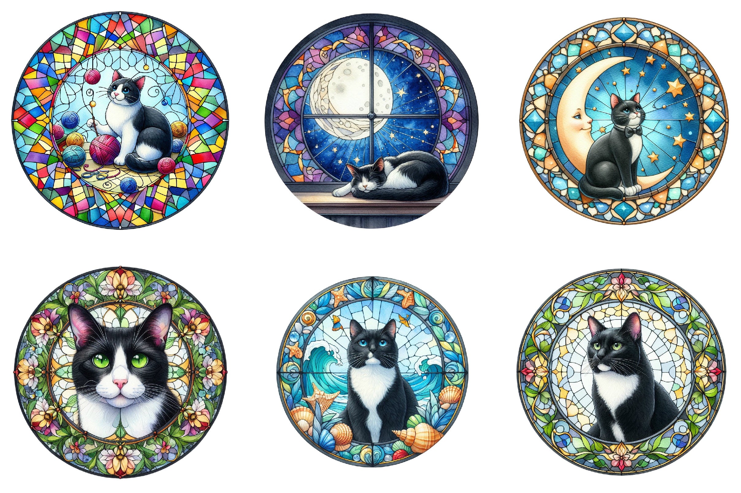 Round Stained Glass Tuxedo Cat Clipart Bundle