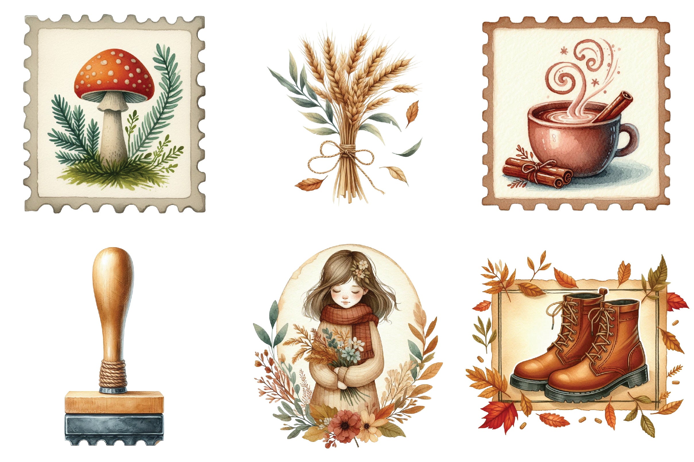 Autumn Fall Postage Stamp Clipart Bundle