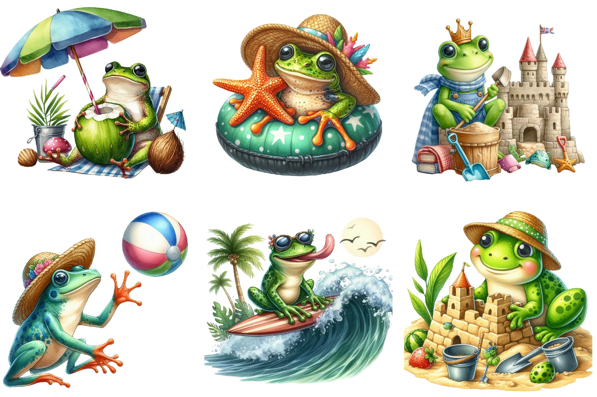 Funny Cute Frog Beach Clipart Bundle