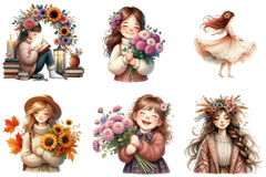 Girls with Fall Flowers Clipart Bundle - CraftNest - Digital Crafting and Art