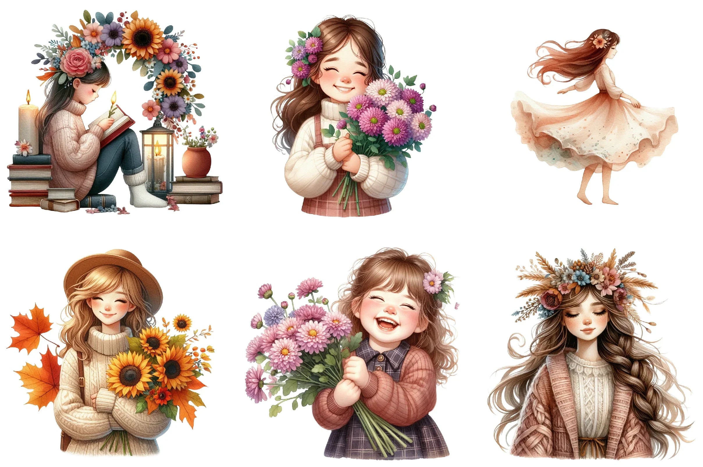 Girls with Fall Flowers Clipart Bundle - CraftNest - Digital Crafting and Art