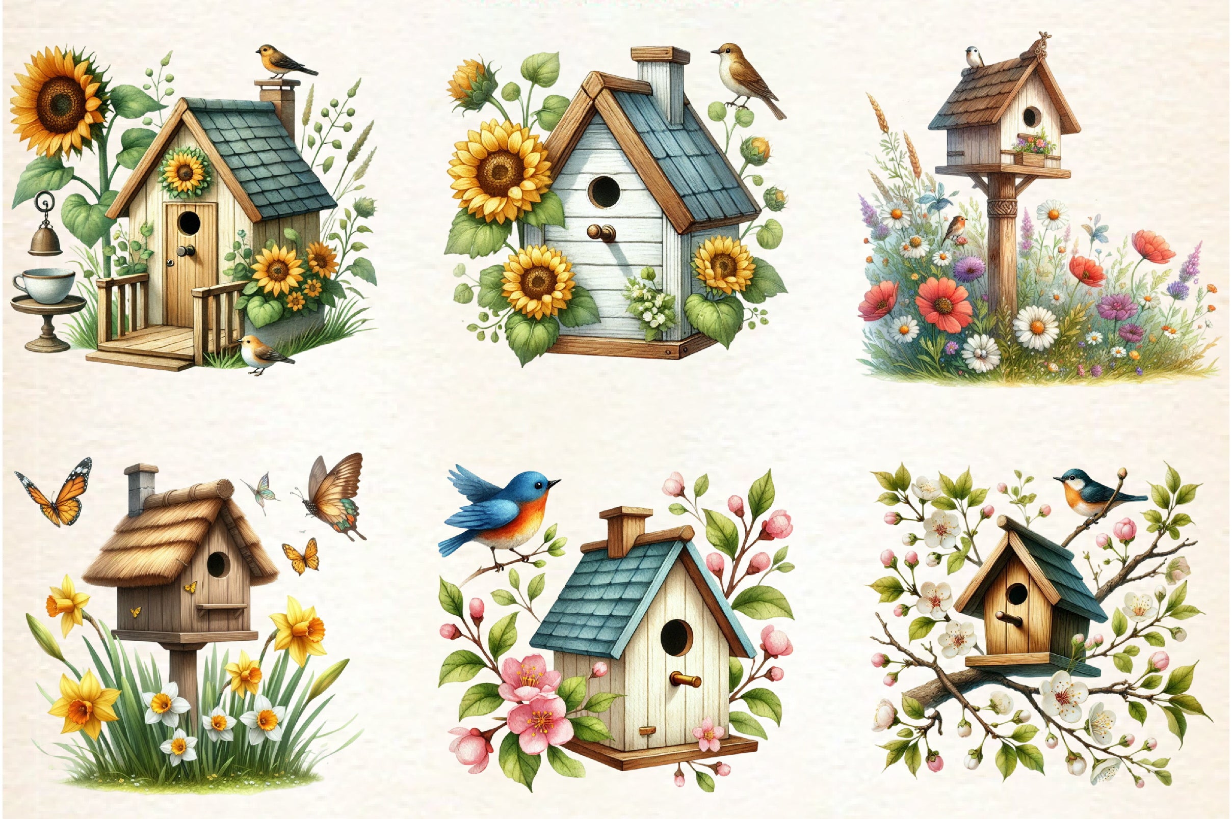 Spring Bird Houses Clipart Bundle